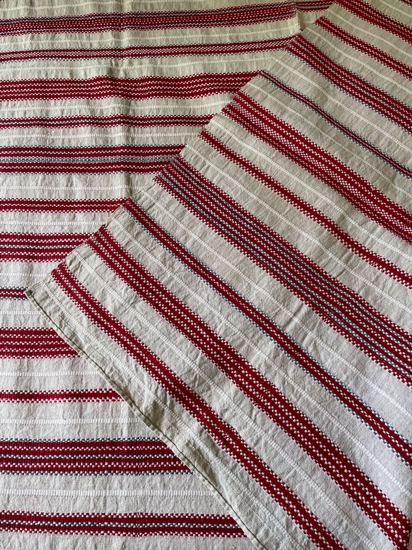 
                  
                    red white cream blue stripe woven textile east european upholstery fabric sewing material washable
                  
                
