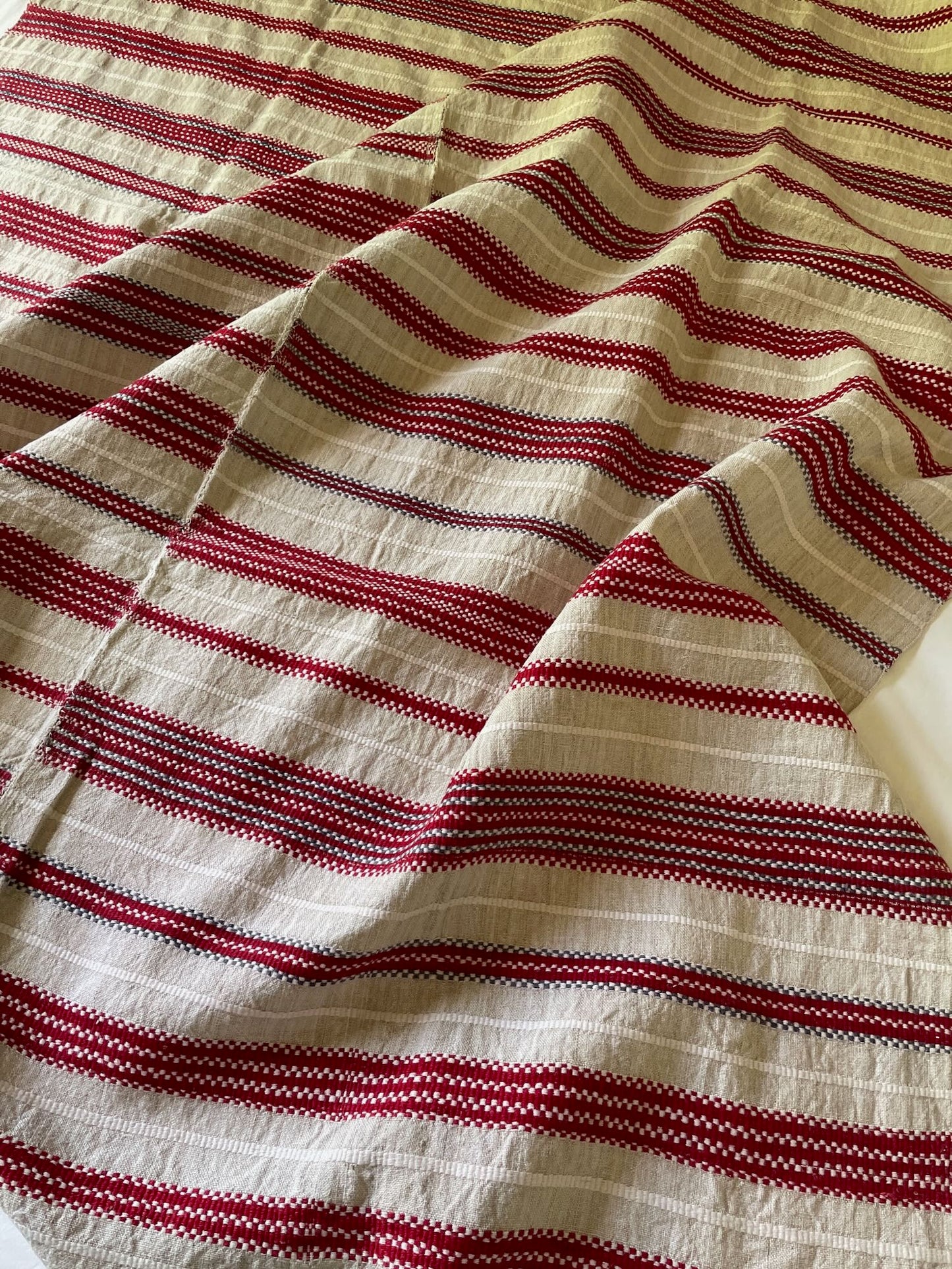 
                  
                    red white cream blue stripe woven textile east european upholstery fabric sewing material washable
                  
                