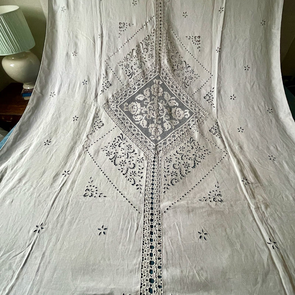 vintage french lace curtain panel sheer window treatment hand embroidered white linen tablecloth