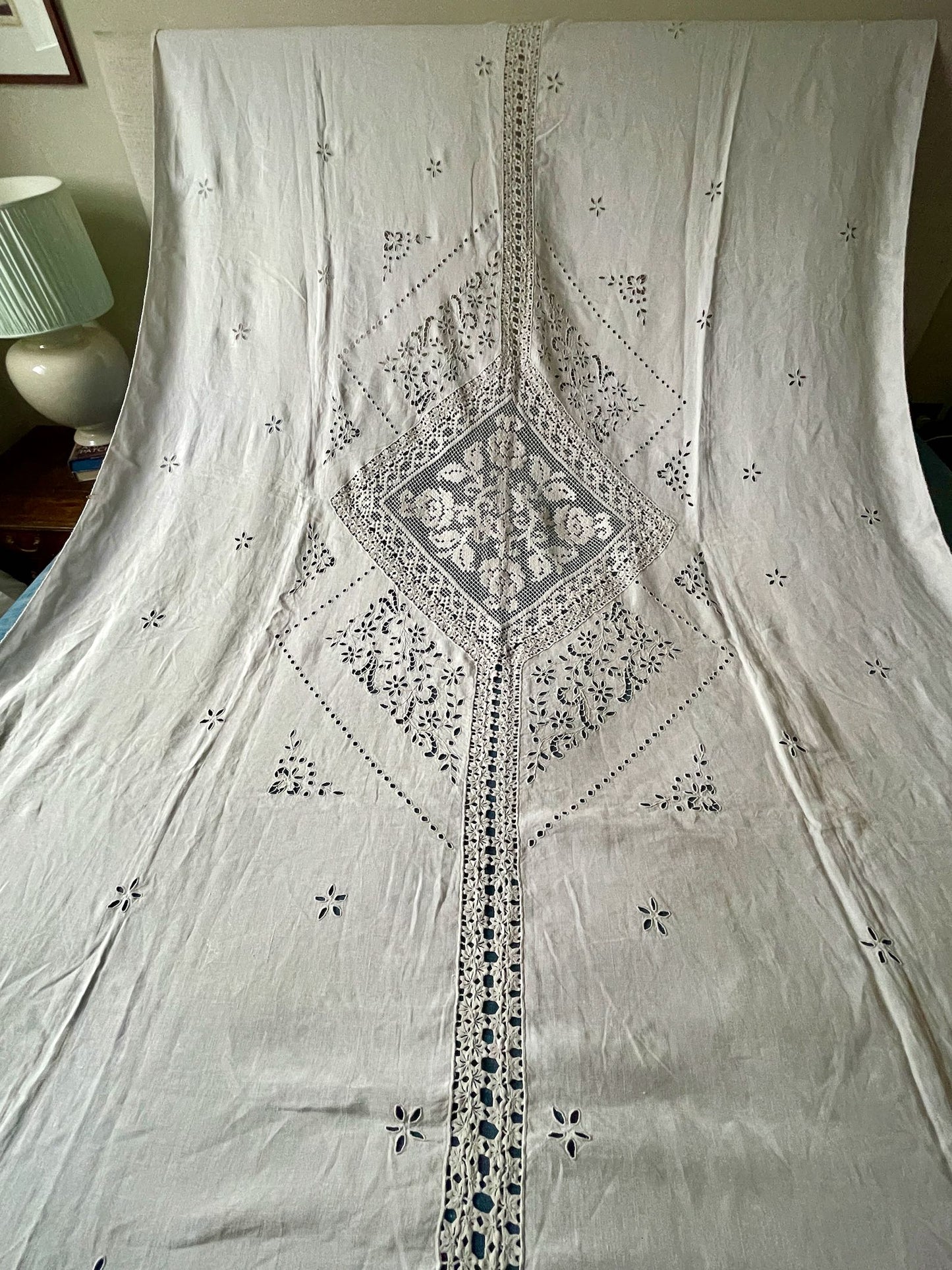 vintage french lace curtain panel sheer window treatment hand embroidered white linen tablecloth