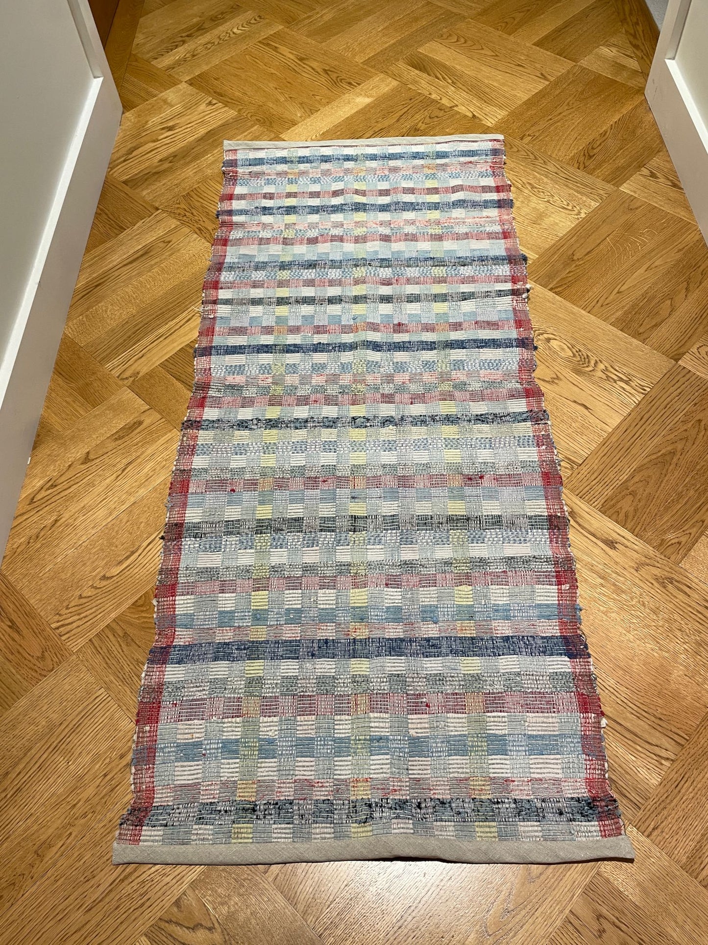 cotton rug vintage hungarian floor runner trasmatta red blue grey check mat kitchen carpet washable