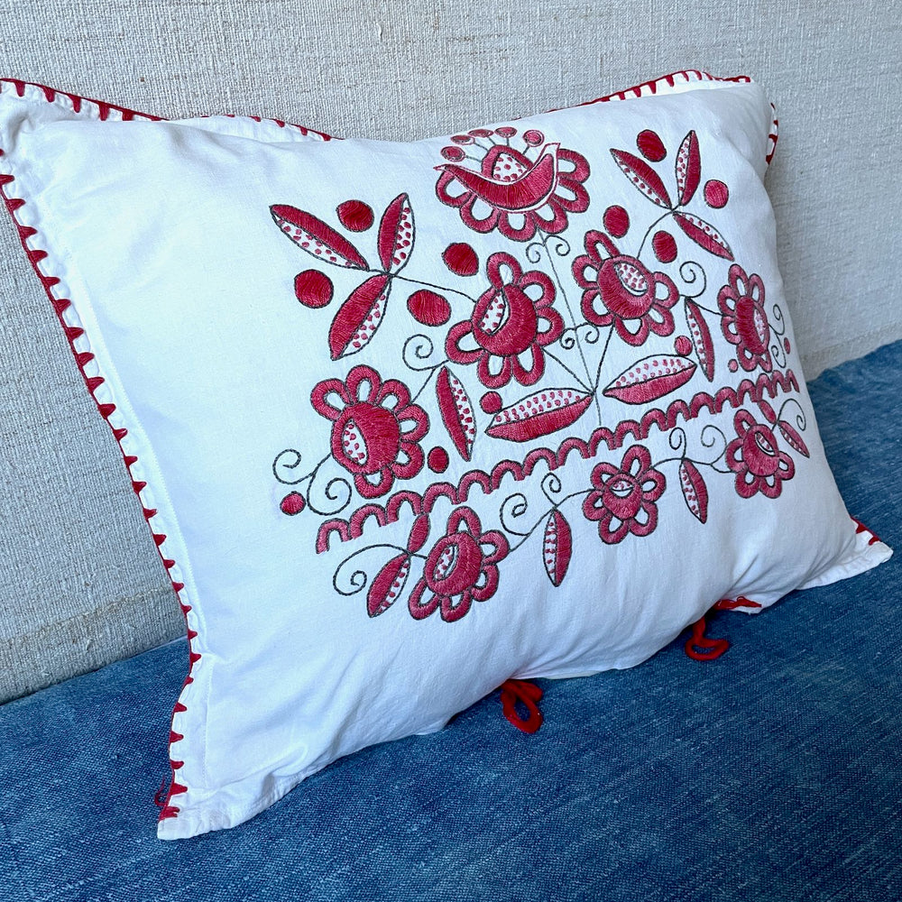 
                  
                    stylish red black white cotton cushion embroidered matyo pillow vintage hungarian folk textile
                  
                