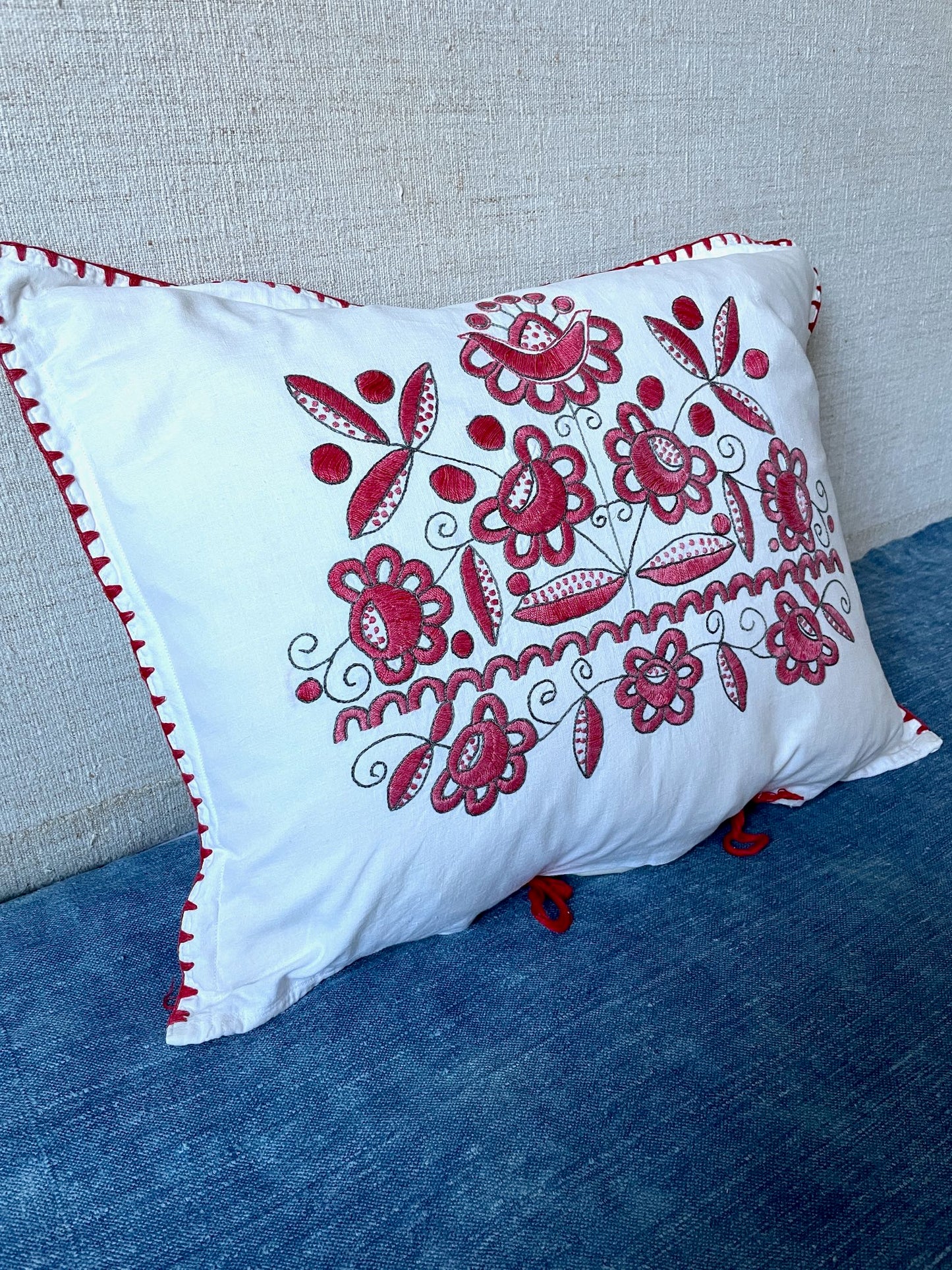 
                  
                    stylish red black white cotton cushion embroidered matyo pillow vintage hungarian folk textile
                  
                