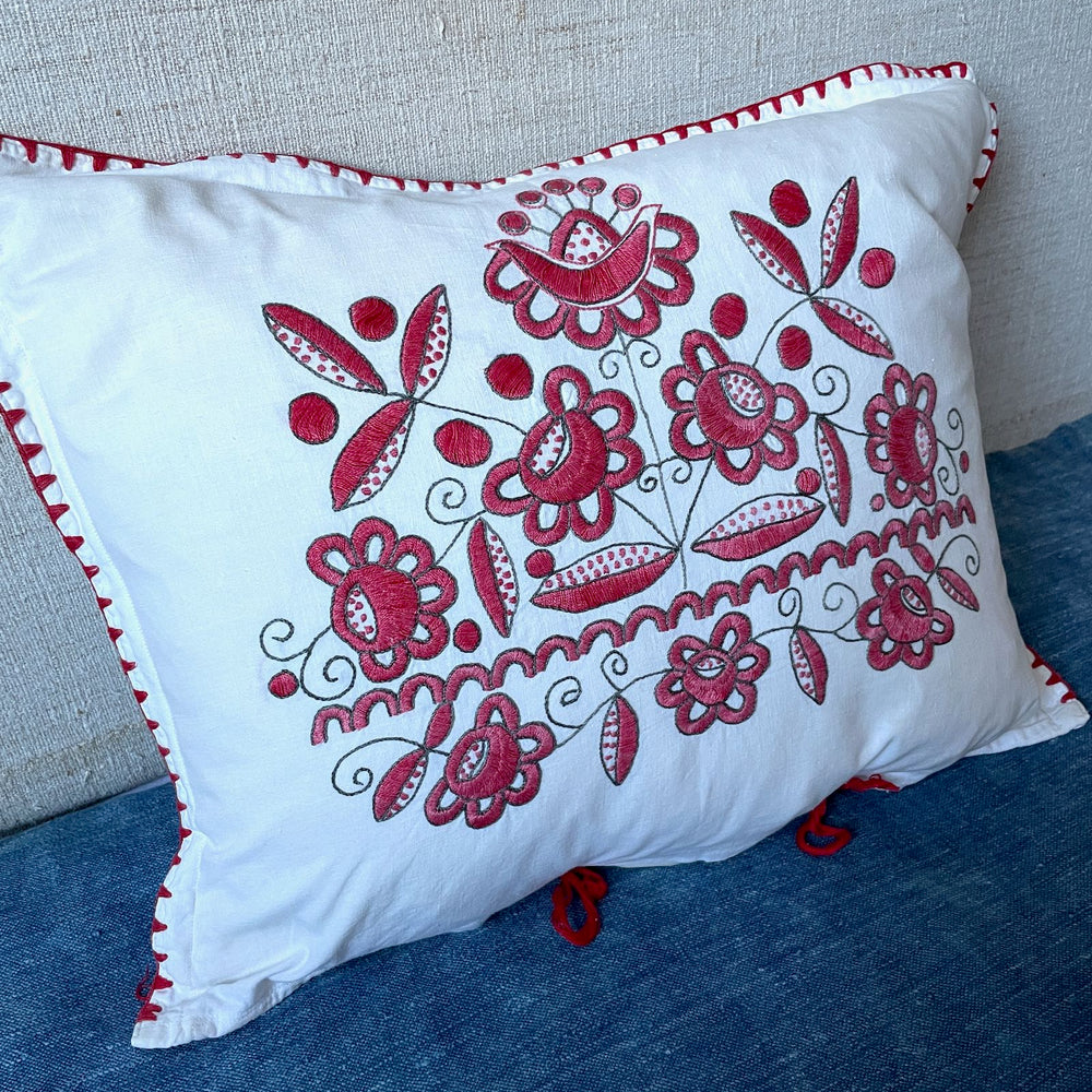 
                  
                    stylish red black white cotton cushion embroidered matyo pillow vintage hungarian folk textile
                  
                