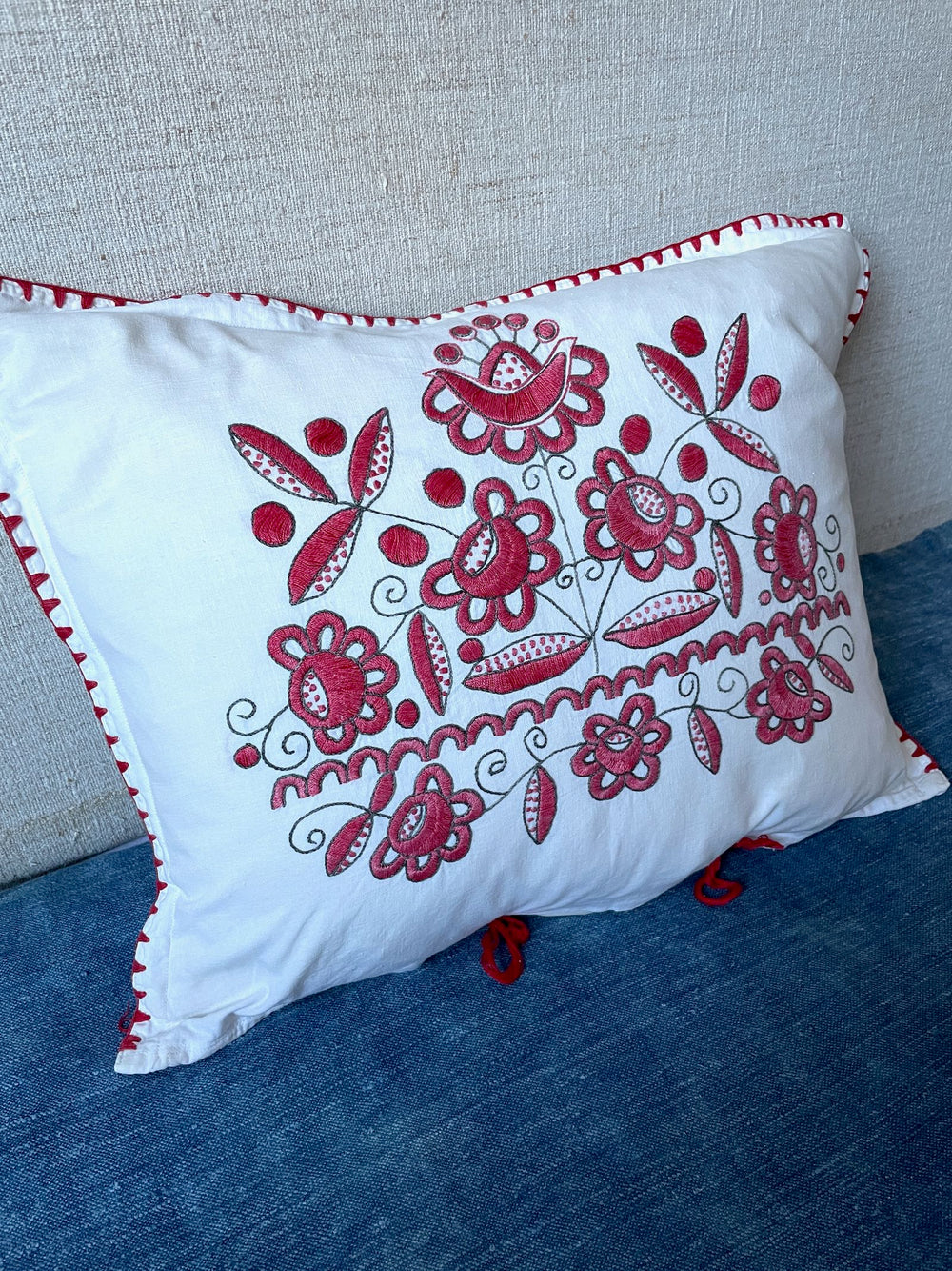 stylish red black white cotton cushion embroidered matyo pillow vintage hungarian folk textile