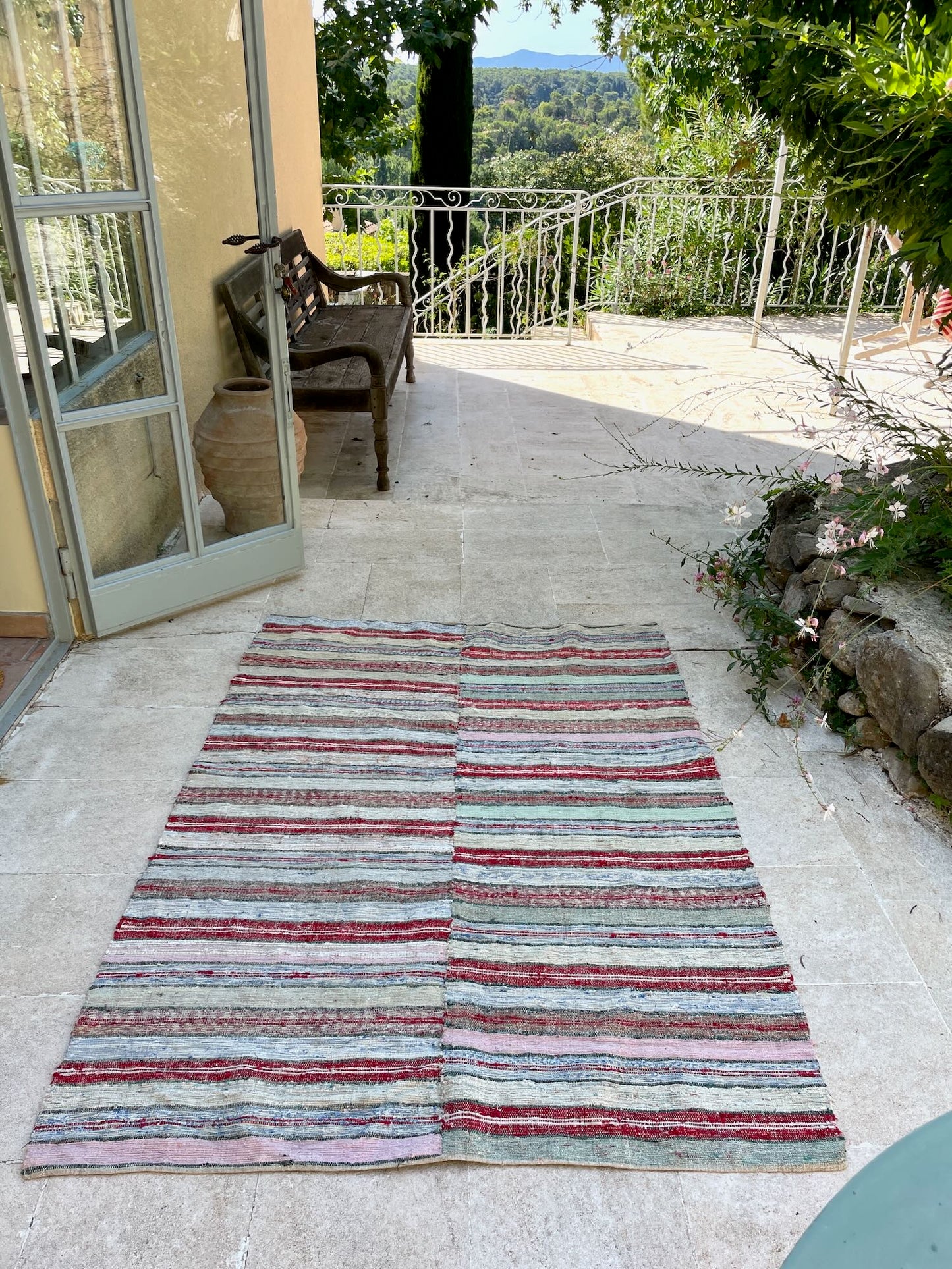 striped colourful rag rug vintage hungarian floor mat cotton washable pink blue grey 