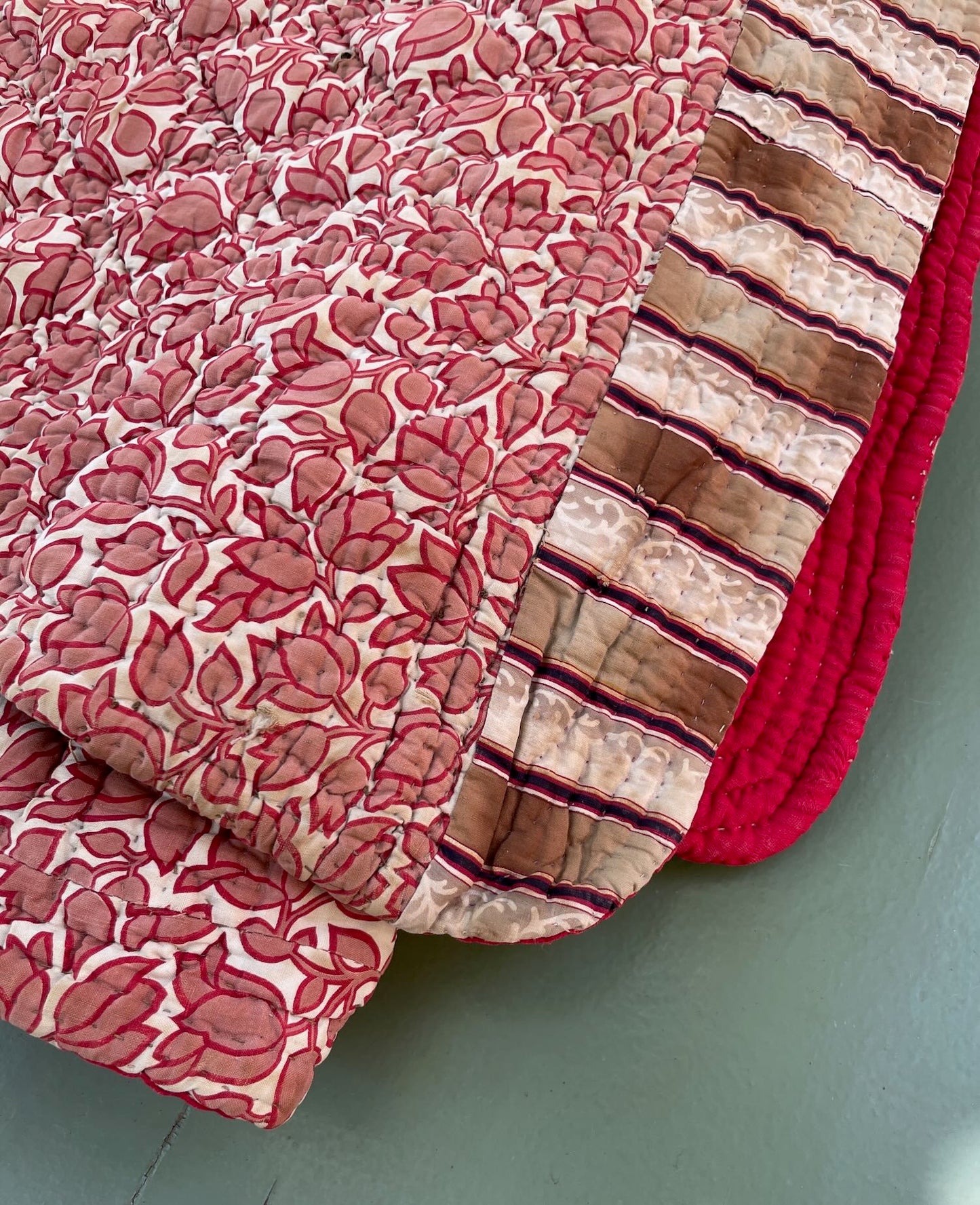 
                  
                    pink red brown floral antique french quilt provencal pique small cotton bedcover hand stitched
                  
                