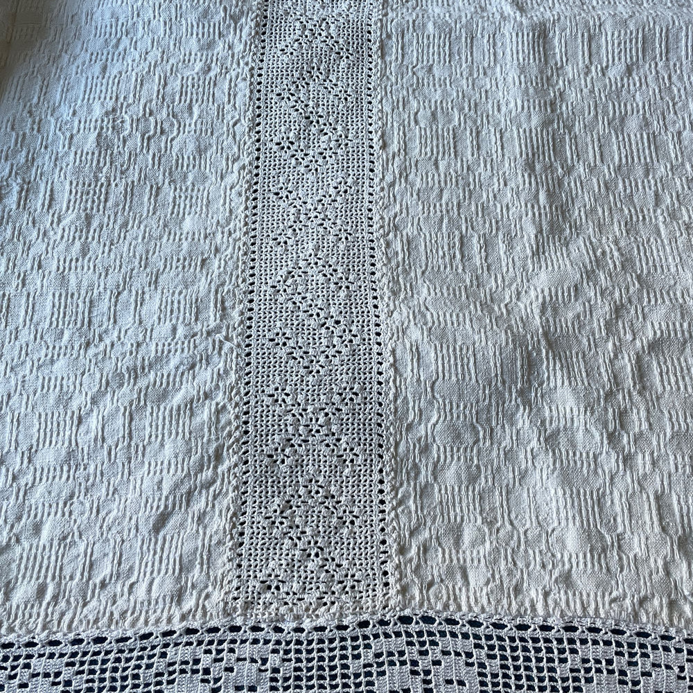 
                  
                    vintage cream bedspread with crochet trim or tablecloth east european folk textile washable
                  
                