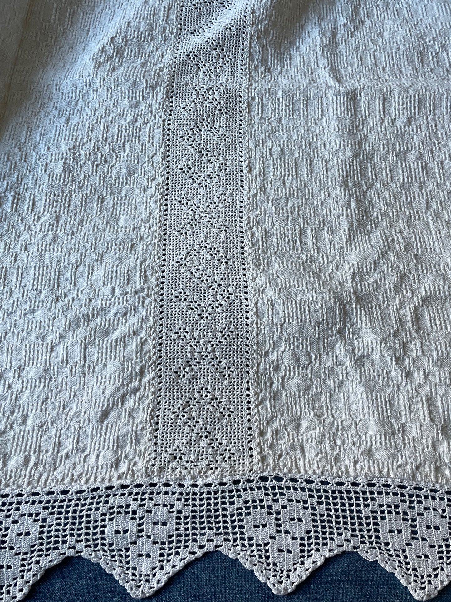 
                  
                    vintage cream bedspread with crochet trim or tablecloth east european folk textile washable
                  
                