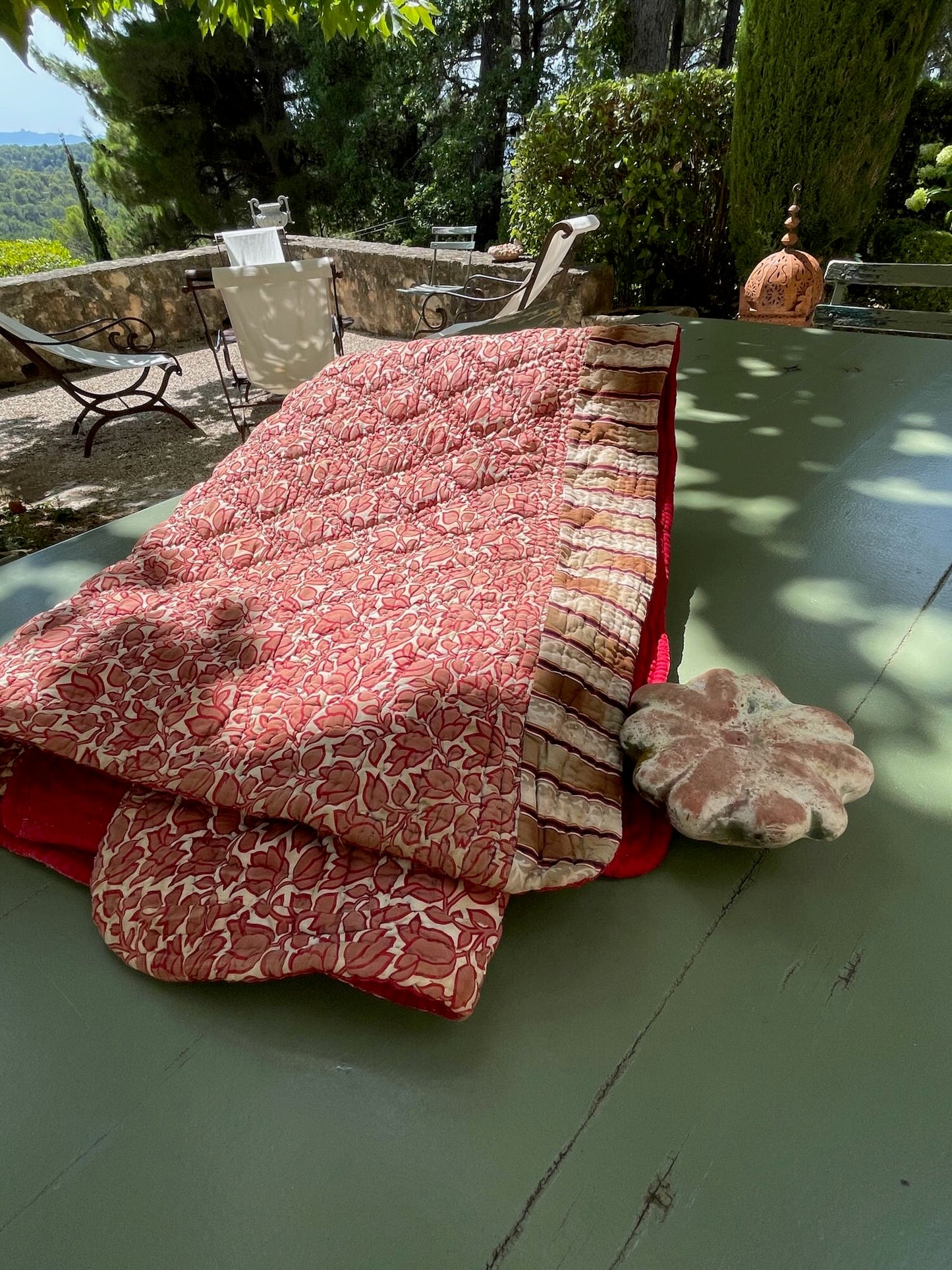pink red brown floral antique french quilt provencal pique small cotton bedcover hand stitched