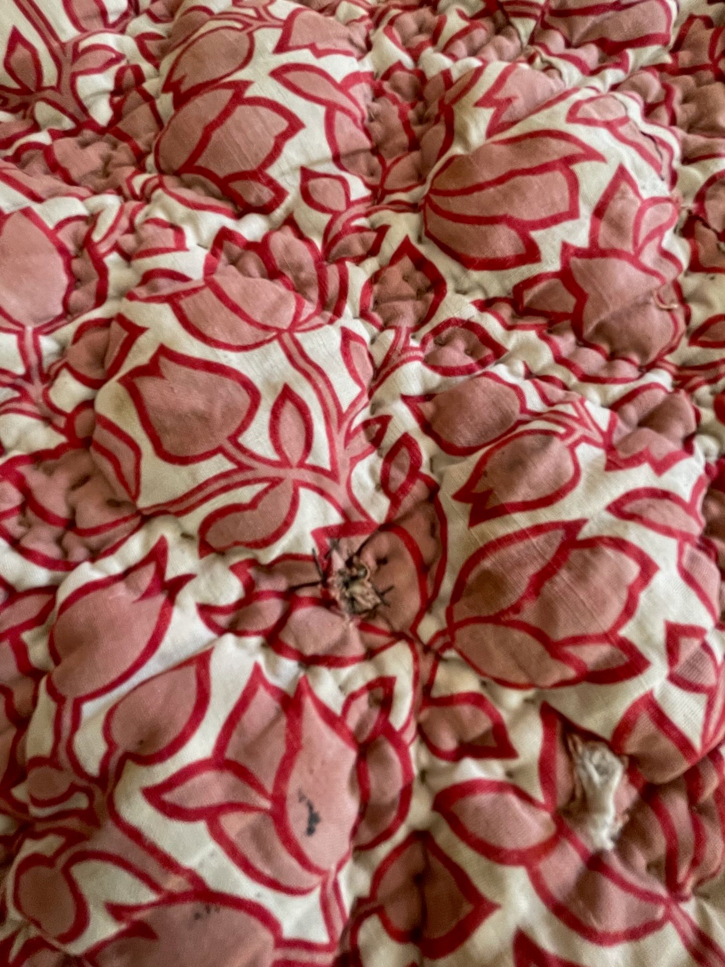 
                  
                    pink red brown floral antique french quilt provencal pique small cotton bedcover hand stitched
                  
                