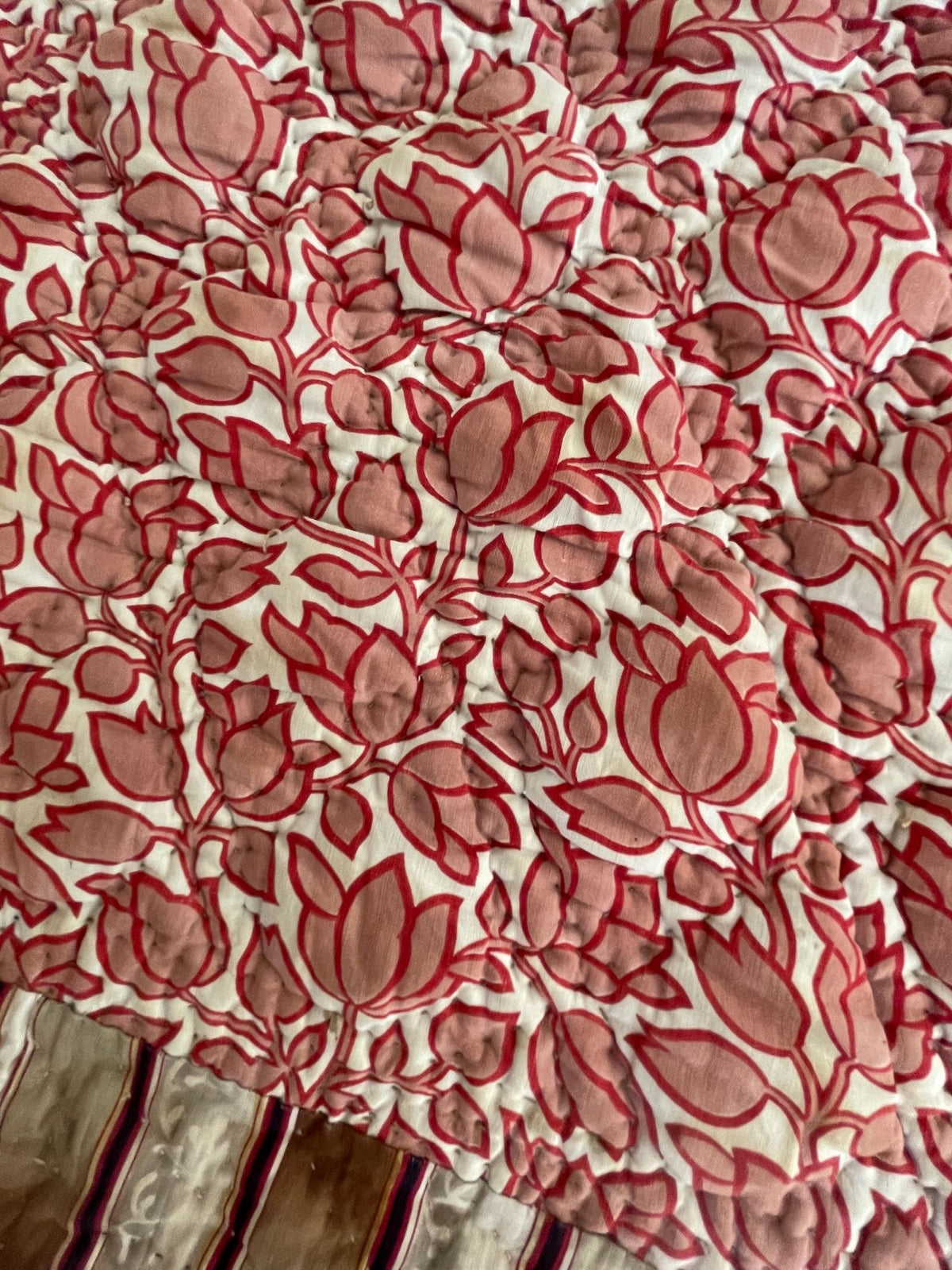 
                  
                    pink red brown floral antique french quilt provencal pique small cotton bedcover hand stitched
                  
                