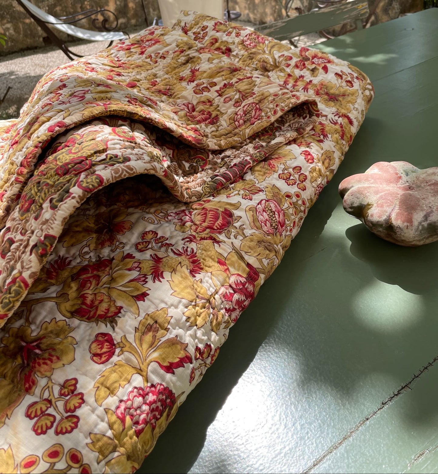 
                  
                    red gold brown fall colour antique french quilt large floral cotton bedcover provencal pique 
                  
                