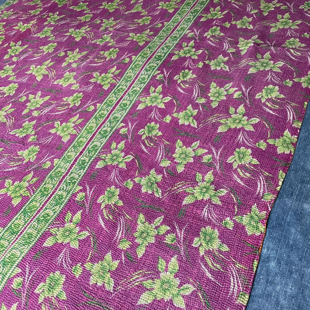 pink purple green kantha throw bedspread hand stitched quilt bedcover cotton single washable