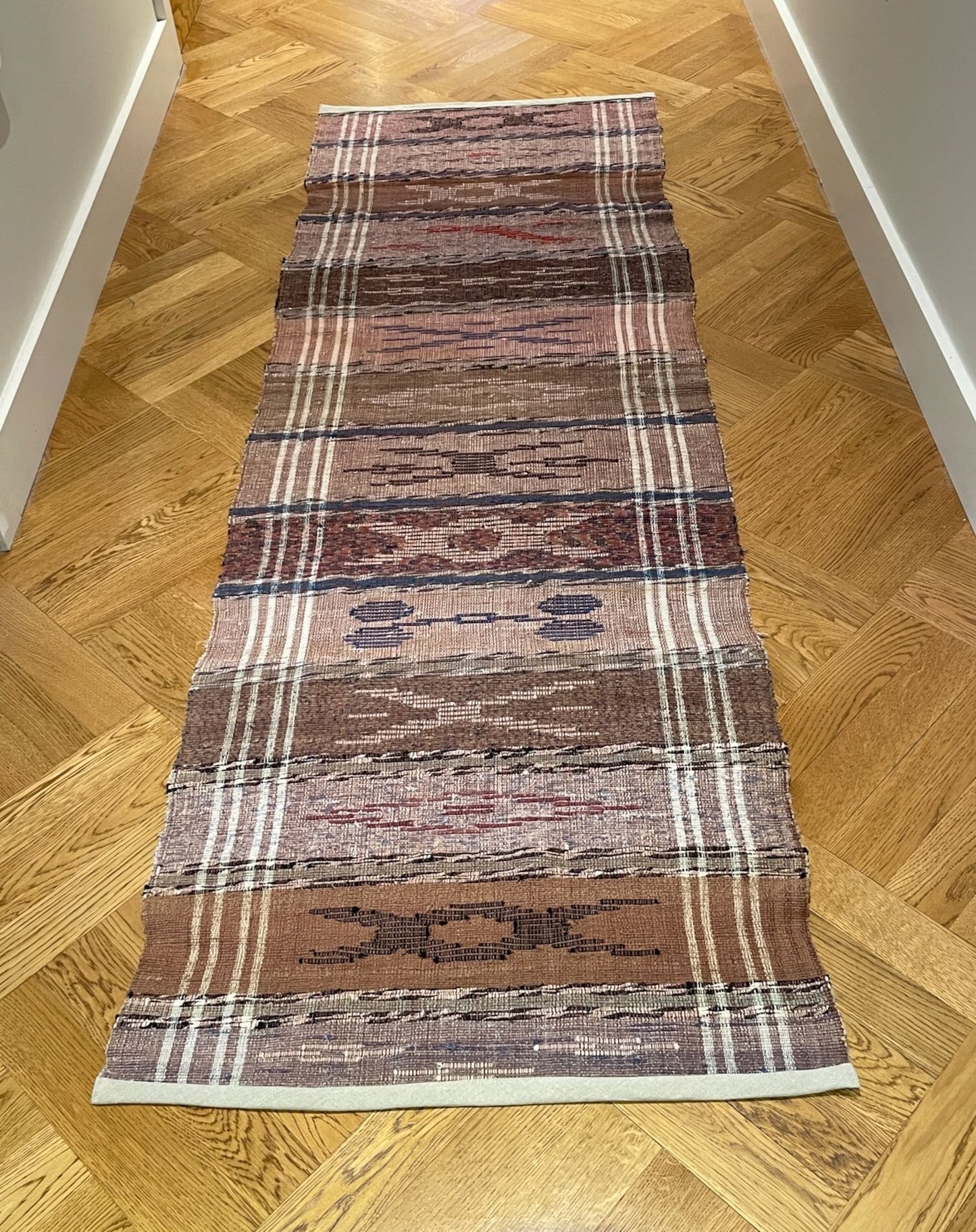 dusky taupe, faded rose, floor runner long vintage hungarian rag rug cotton washable hall carpet