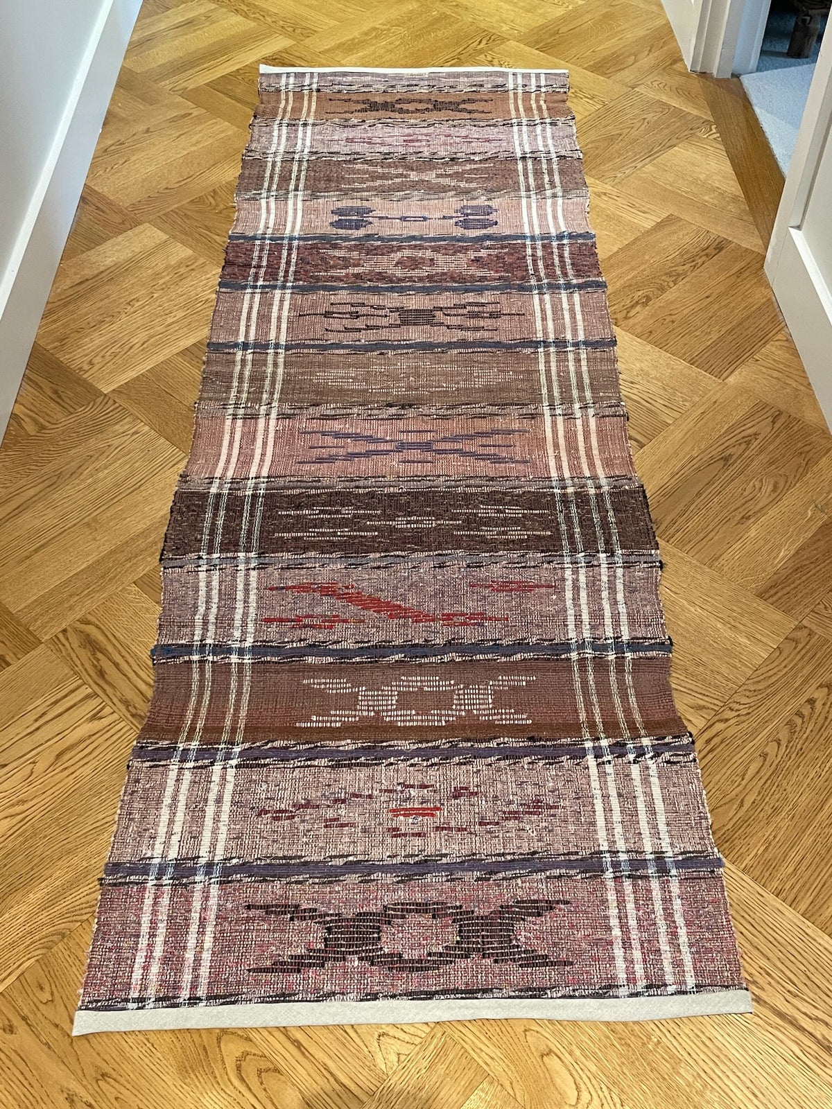 dusky taupe, faded rose, floor runner long vintage hungarian rag rug cotton washable hall carpet