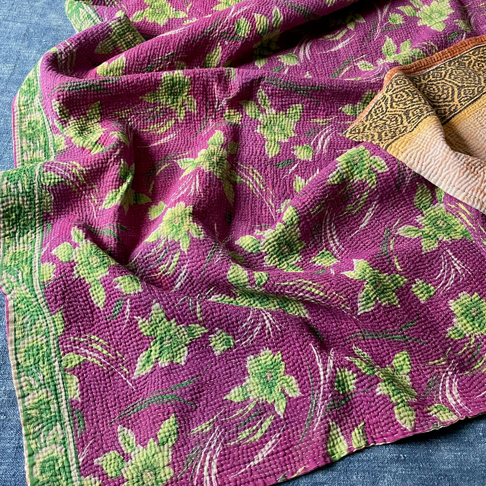 pink purple green kantha throw bedspread hand stitched quilt bedcover cotton single washable