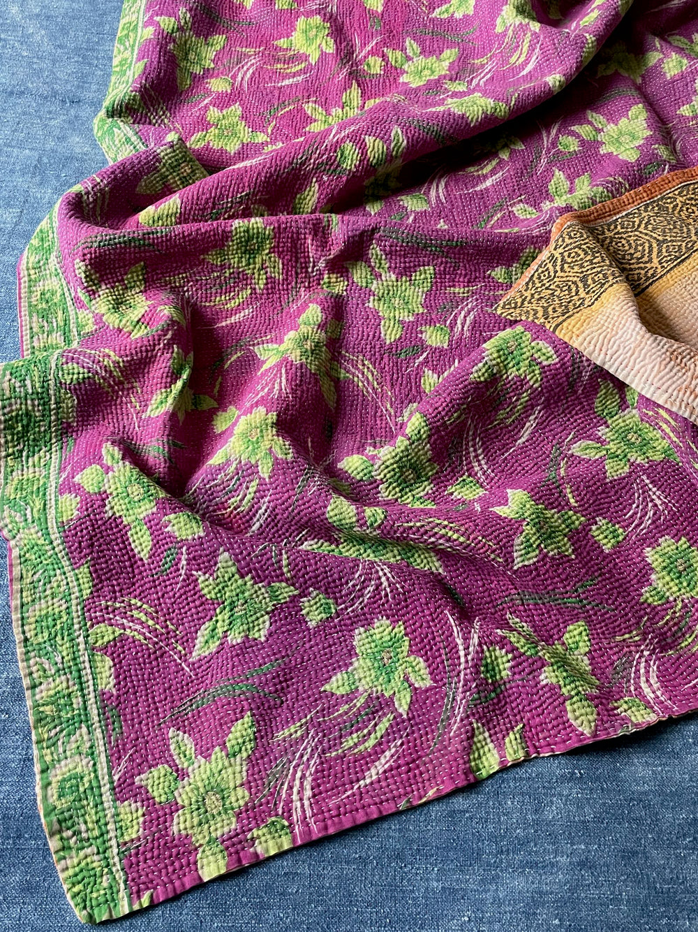 pink purple green kantha throw bedspread hand stitched quilt bedcover cotton single washable