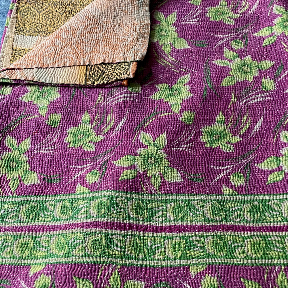 
                  
                    pink purple green kantha throw bedspread hand stitched quilt bedcover cotton single washable
                  
                