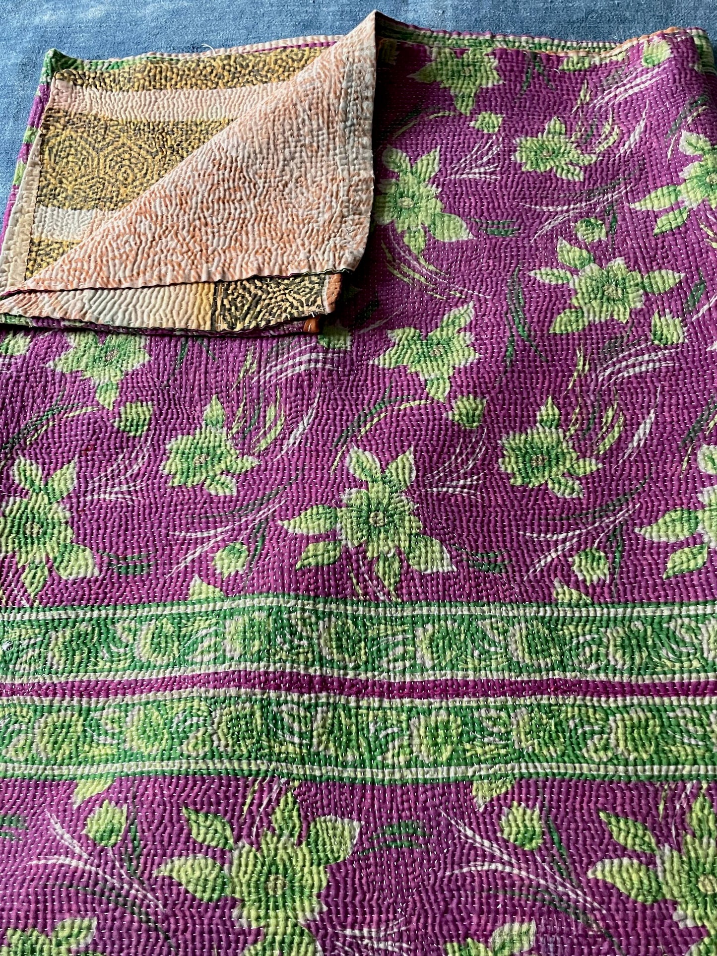 
                  
                    pink purple green kantha throw bedspread hand stitched quilt bedcover cotton single washable
                  
                