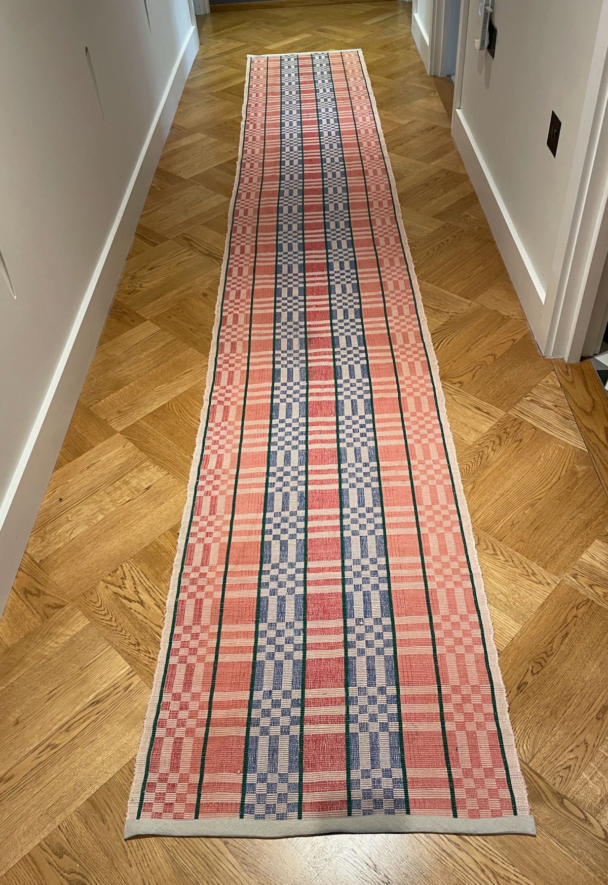 long floor runner in red pink blue geometric rips rug pattern cotton entry way carpet washable