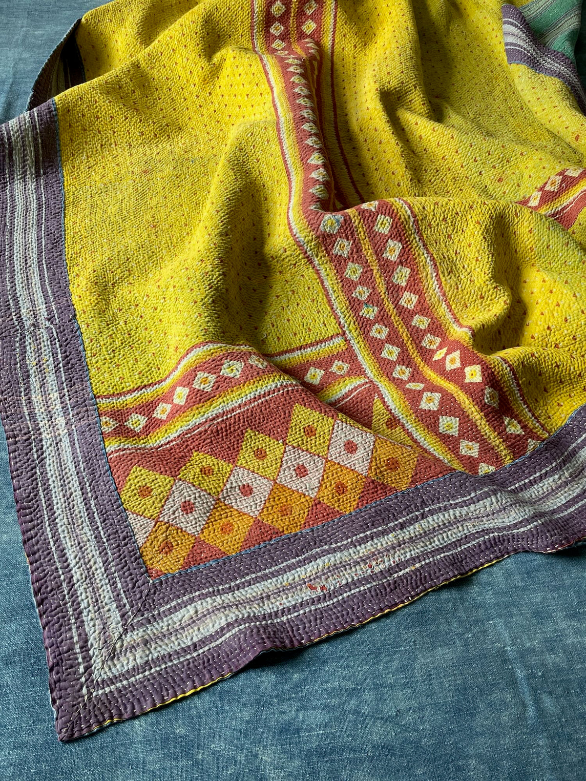 yellow terracotta geometric kantha quilt sofa throw single cotton bedspread washable comforter