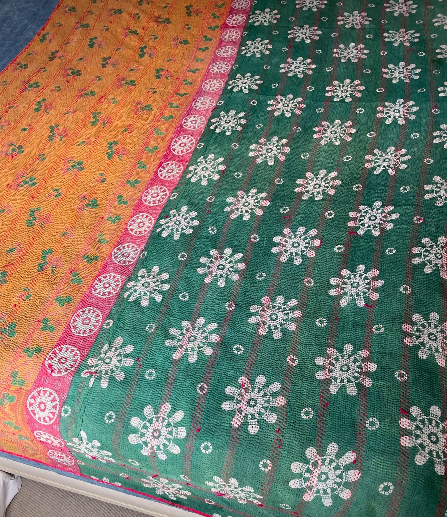 orange green floral kantha quilt vintage bedspread cotton washable comforter handstitched sofa throw