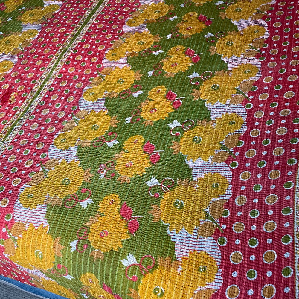 red orange yellow green quilt large kantha bedspread vintage sari quilt cotton comforter sofa throw