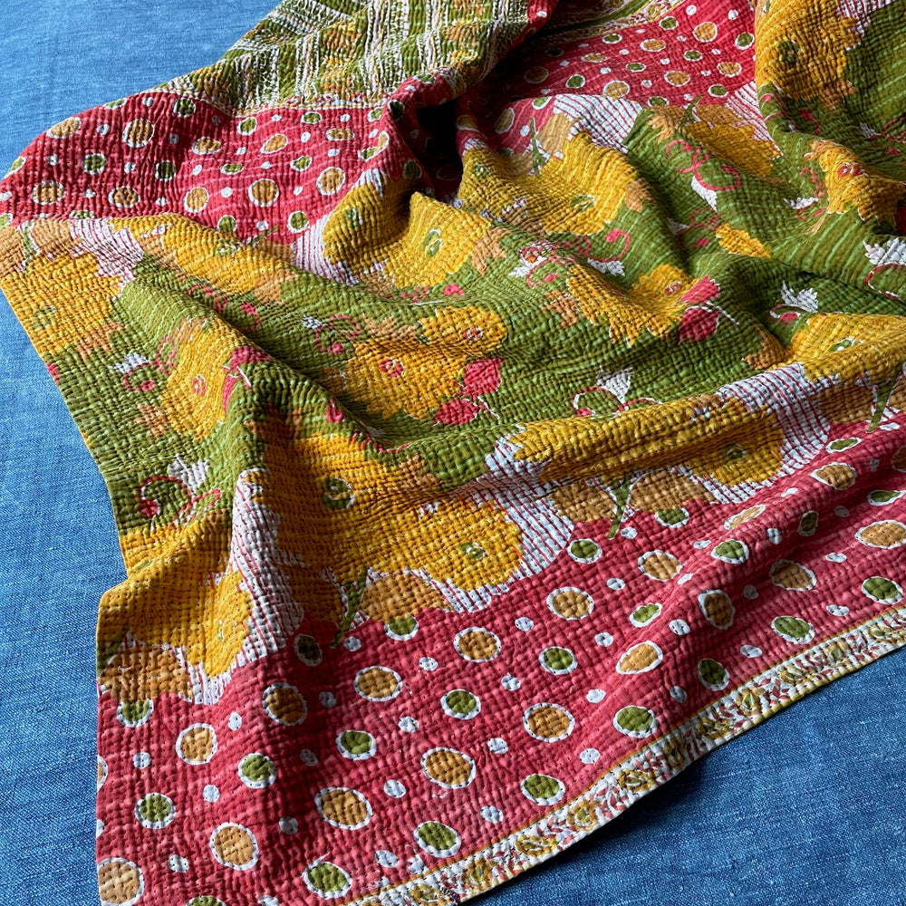 red orange yellow green quilt large kantha bedspread vintage sari quilt cotton comforter sofa throw