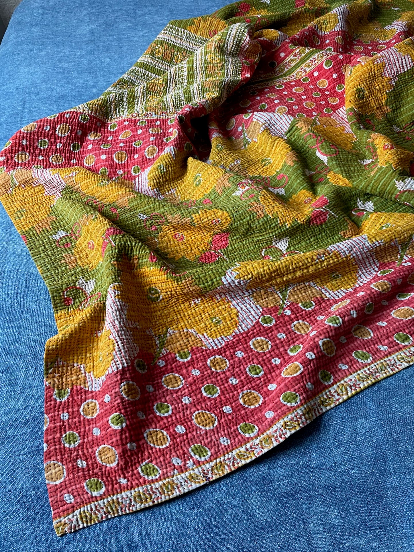 red orange yellow green quilt large kantha bedspread vintage sari quilt cotton comforter sofa throw