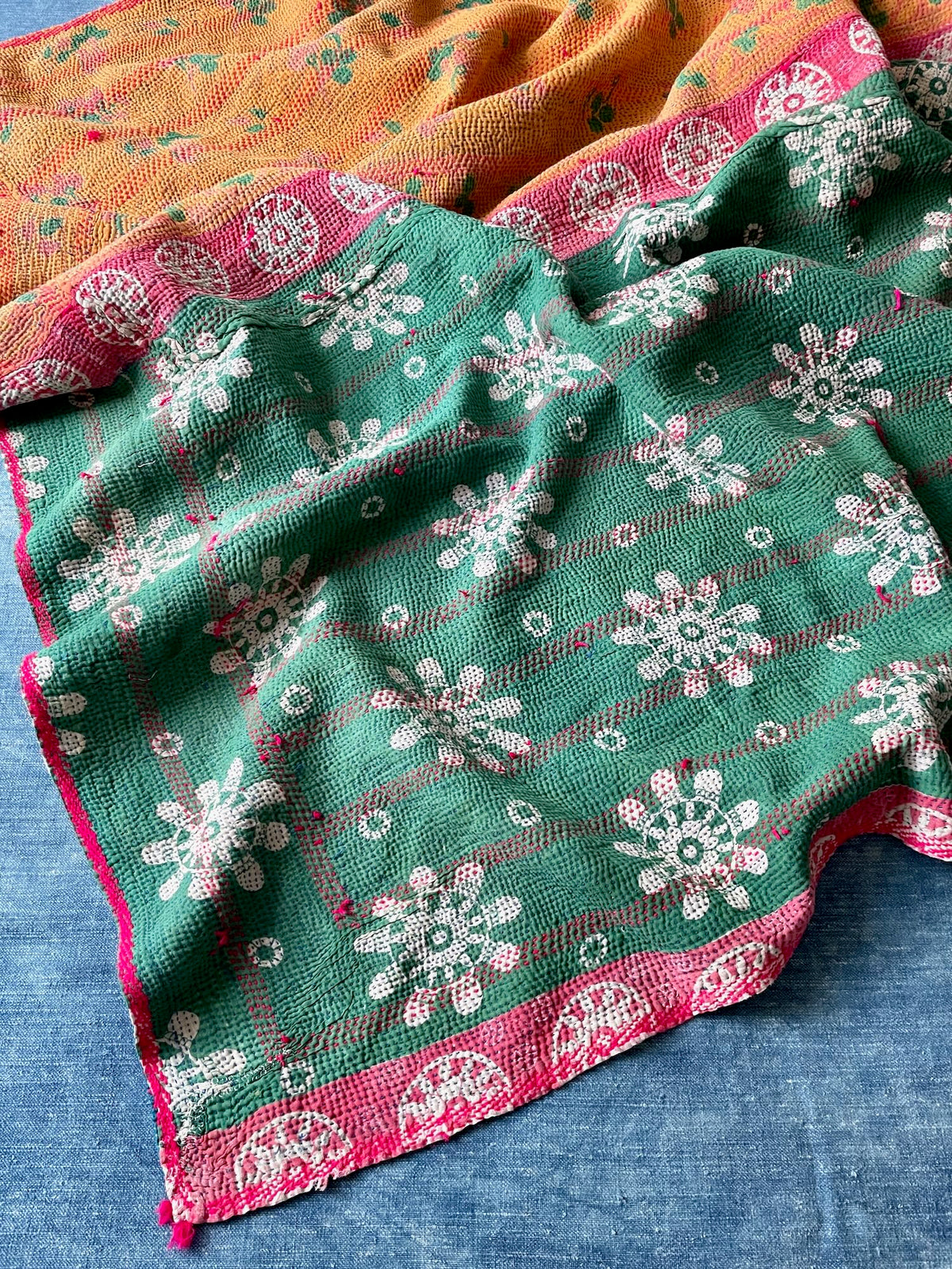 orange green floral kantha quilt vintage bedspread cotton washable comforter handstitched sofa throw