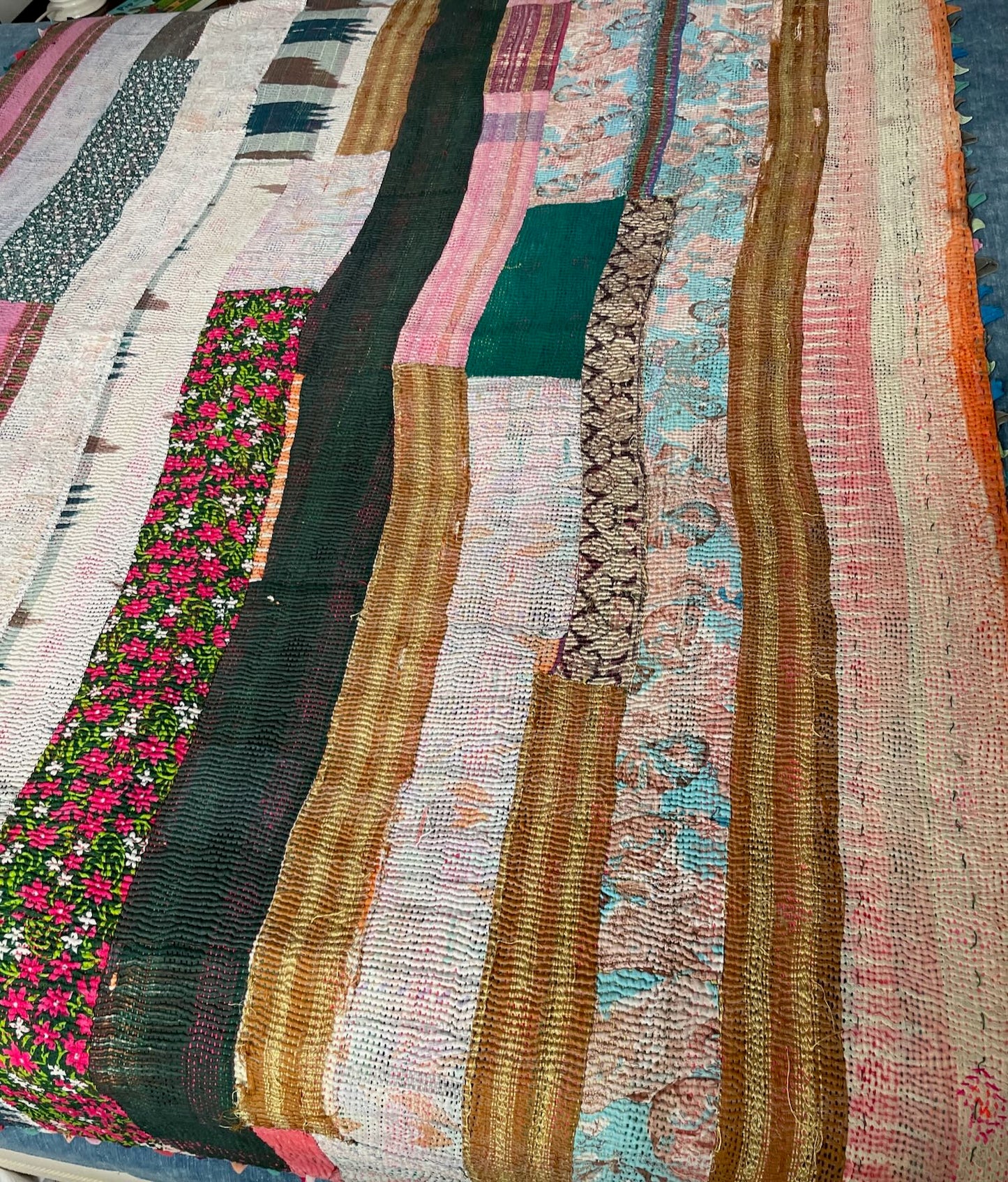 
                  
                    bright colourful patchwork brown pink floral kantha quilt single bedspread cotton throw reversible
                  
                