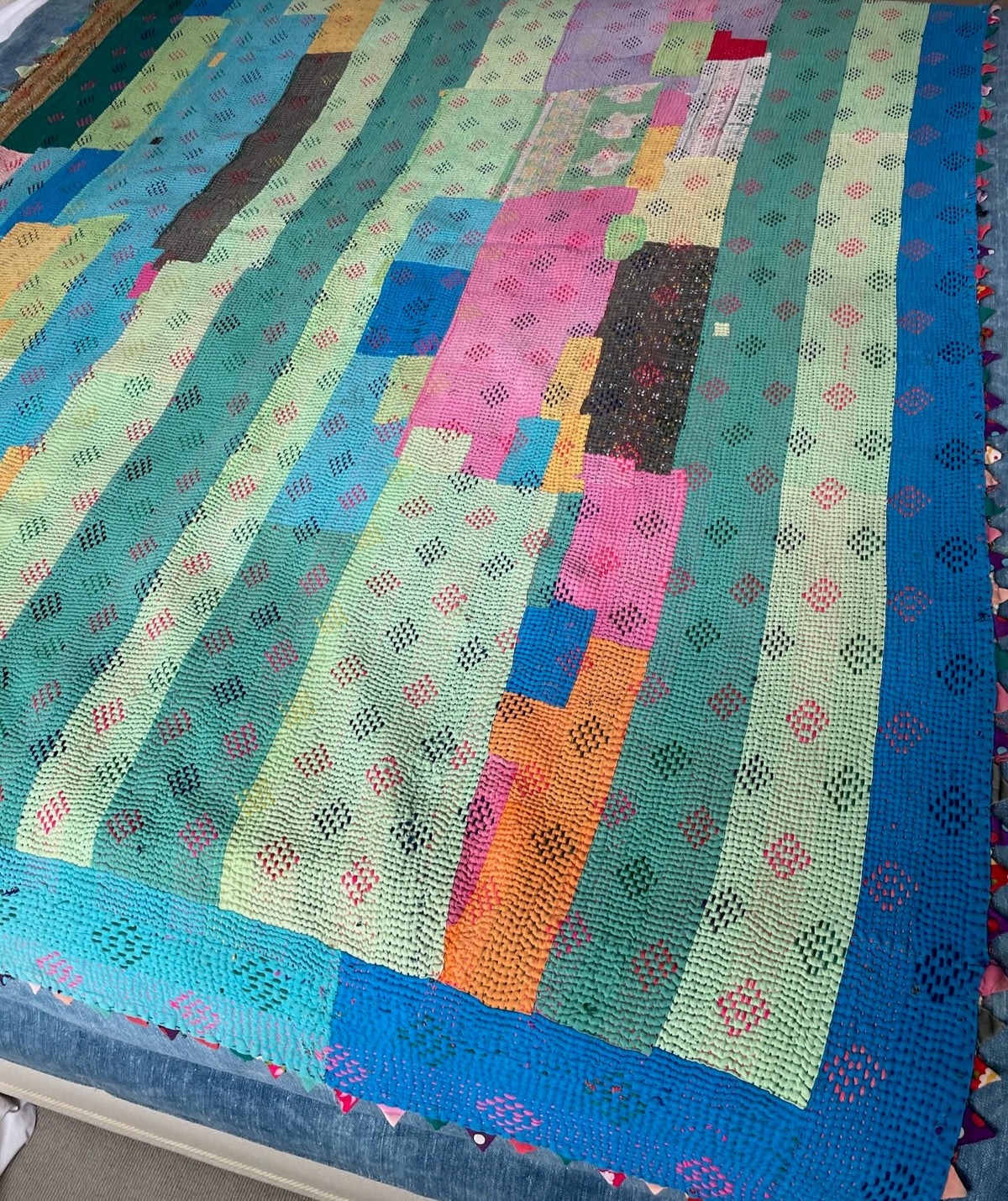 
                  
                    bright colourful patchwork blue green pink vintage kantha quilt single bedspread cotton throw
                  
                