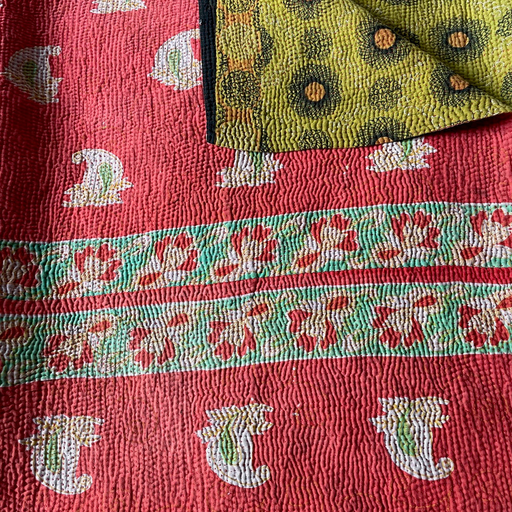 
                  
                    coral redgreen  yellow lightweight kantha quilt sofa throw hand stitched cotton comforter throw
                  
                