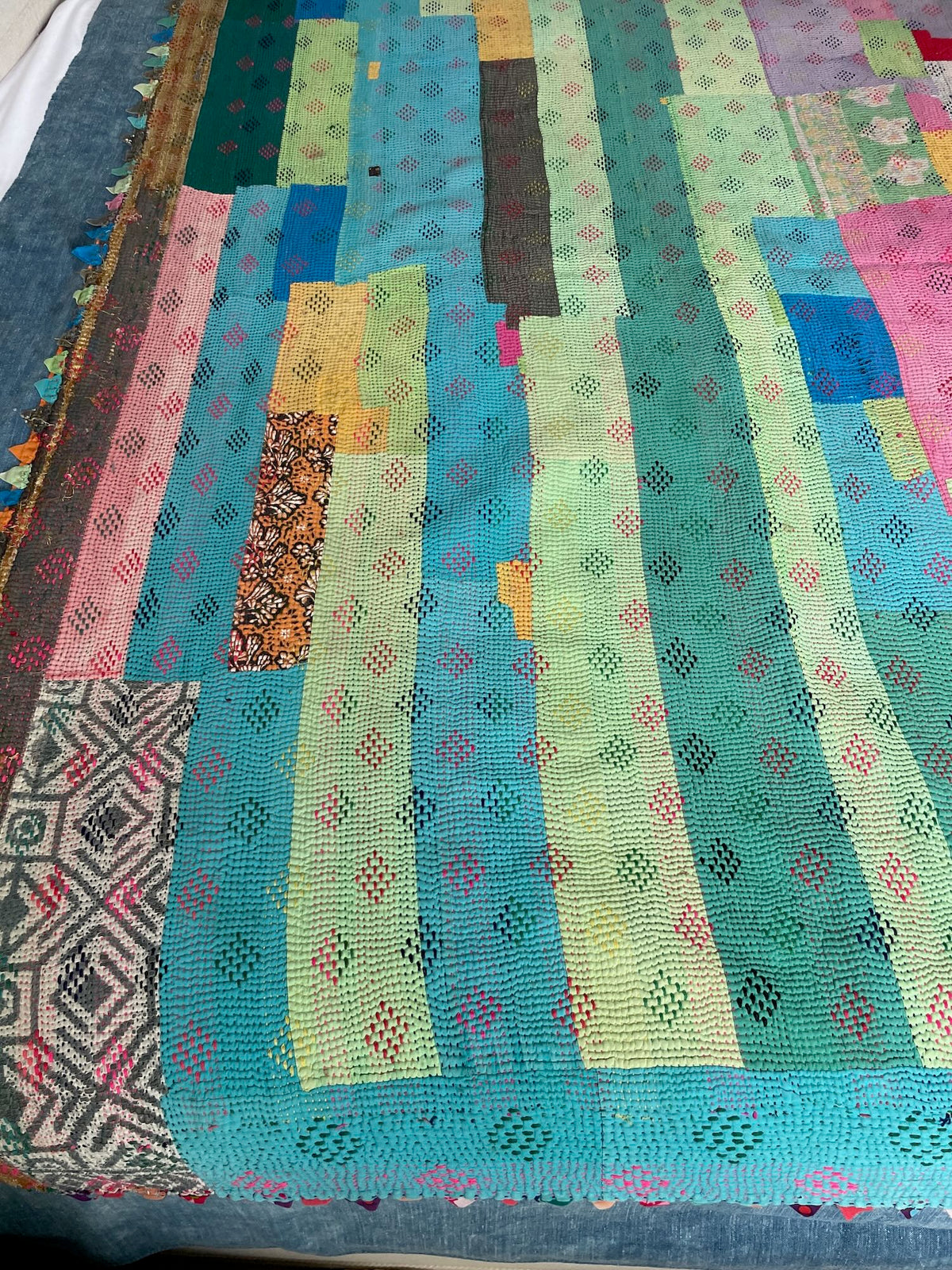 
                  
                    bright colourful patchwork blue green pink vintage kantha quilt single bedspread cotton throw
                  
                
