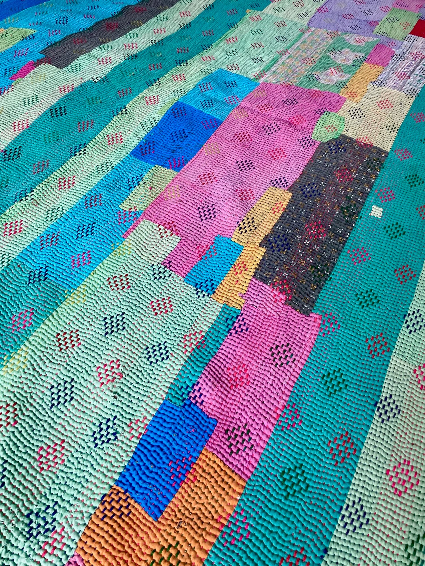 
                  
                    bright colourful patchwork blue green pink vintage kantha quilt single bedspread cotton throw
                  
                