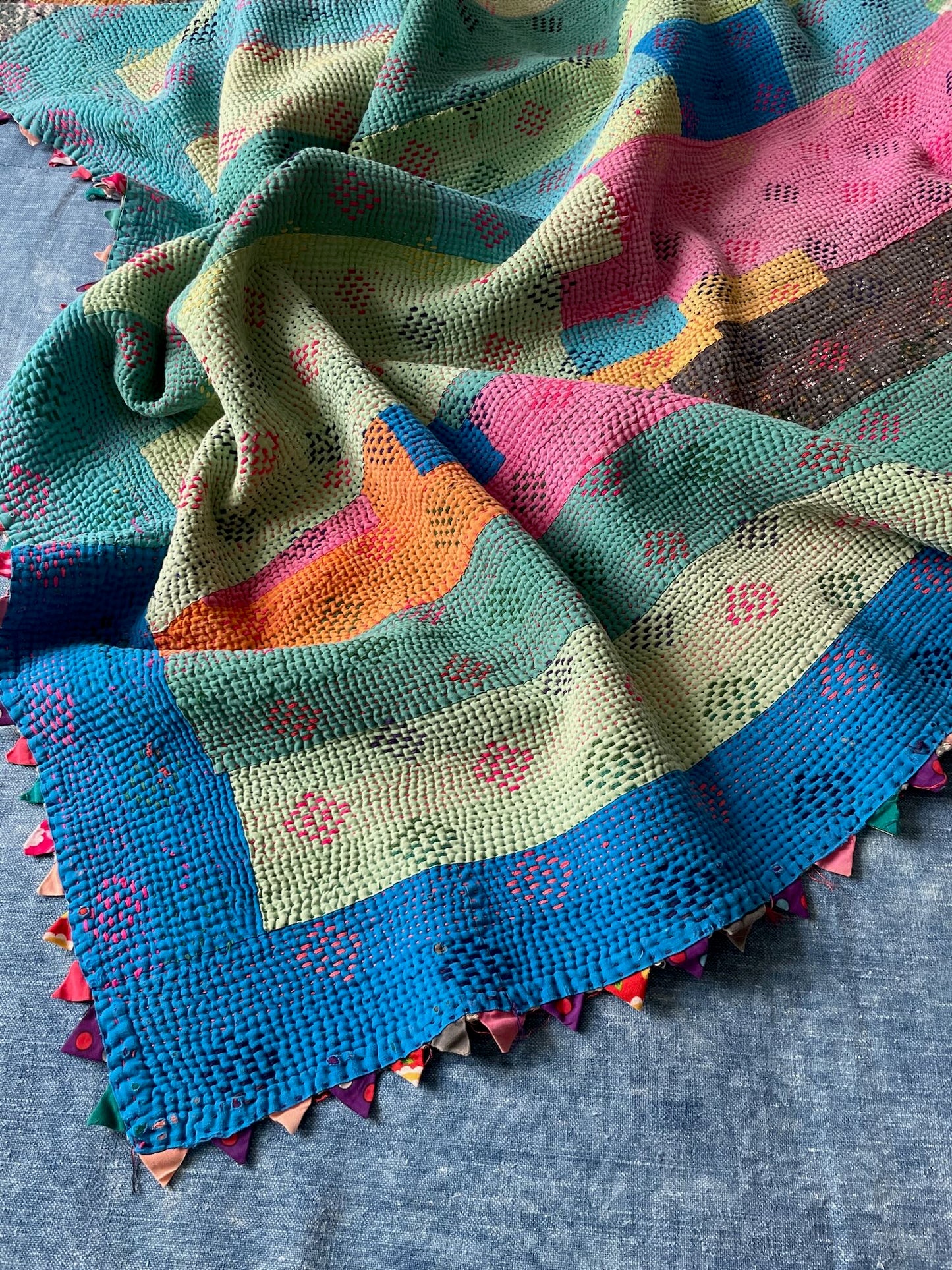 
                  
                    bright colourful patchwork blue green pink vintage kantha quilt single bedspread cotton throw
                  
                