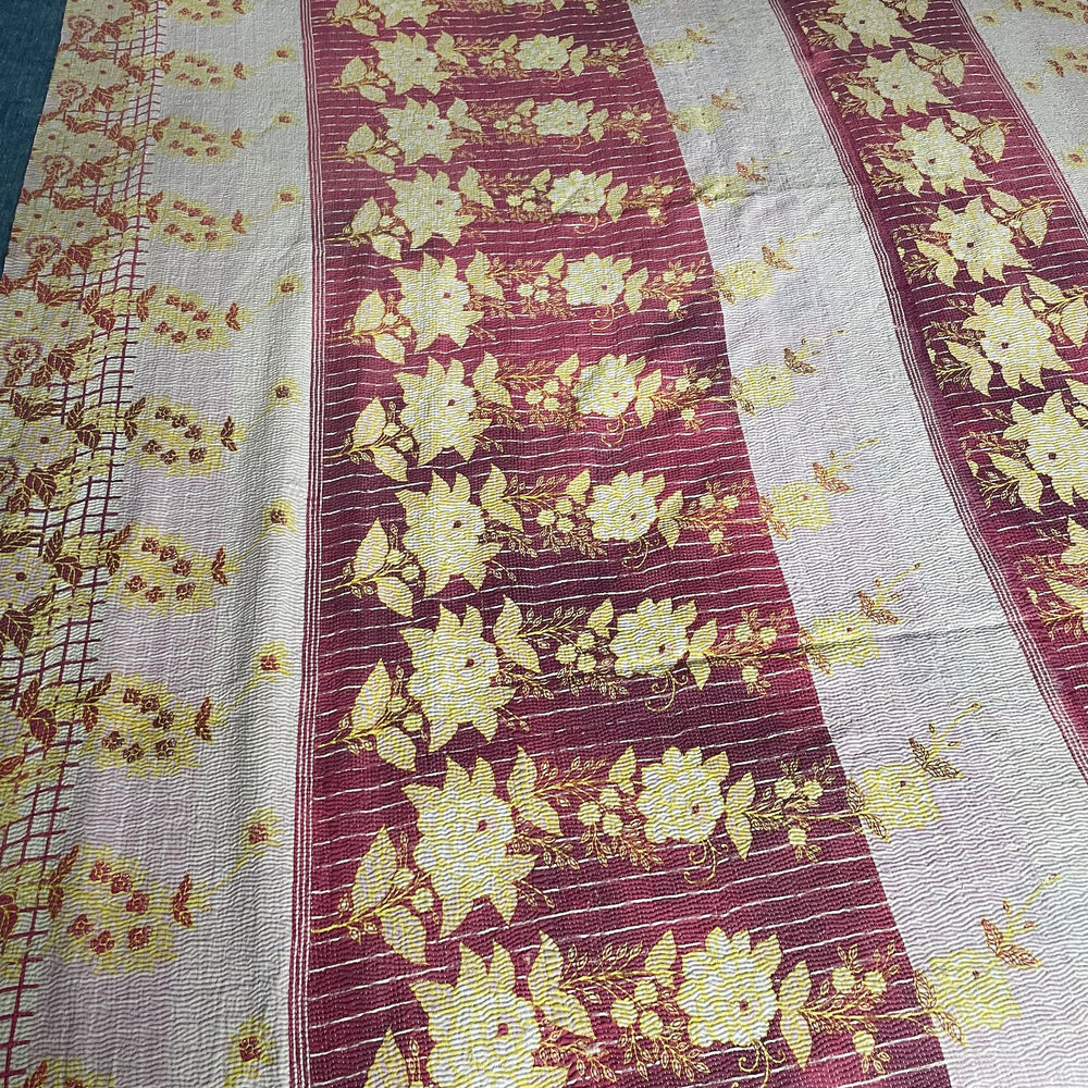 
                  
                    soft coral red pink yellow floral quilt kantha bedspread handstitched comforter cotton single 
                  
                