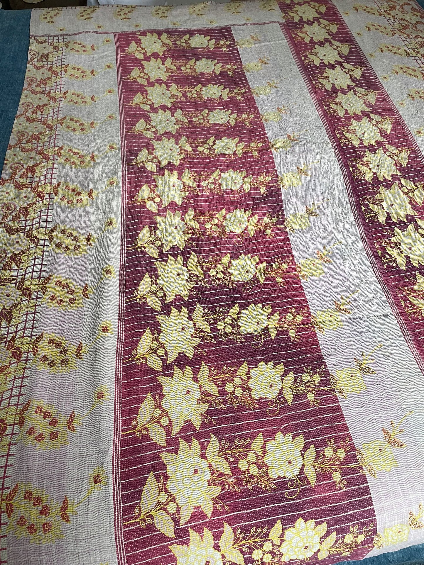 
                  
                    soft coral red pink yellow floral quilt kantha bedspread handstitched comforter cotton single 
                  
                