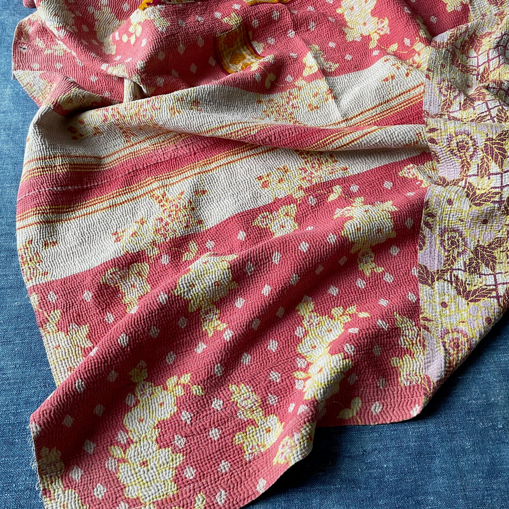 
                  
                    soft coral red pink yellow floral quilt kantha bedspread handstitched comforter cotton single 
                  
                