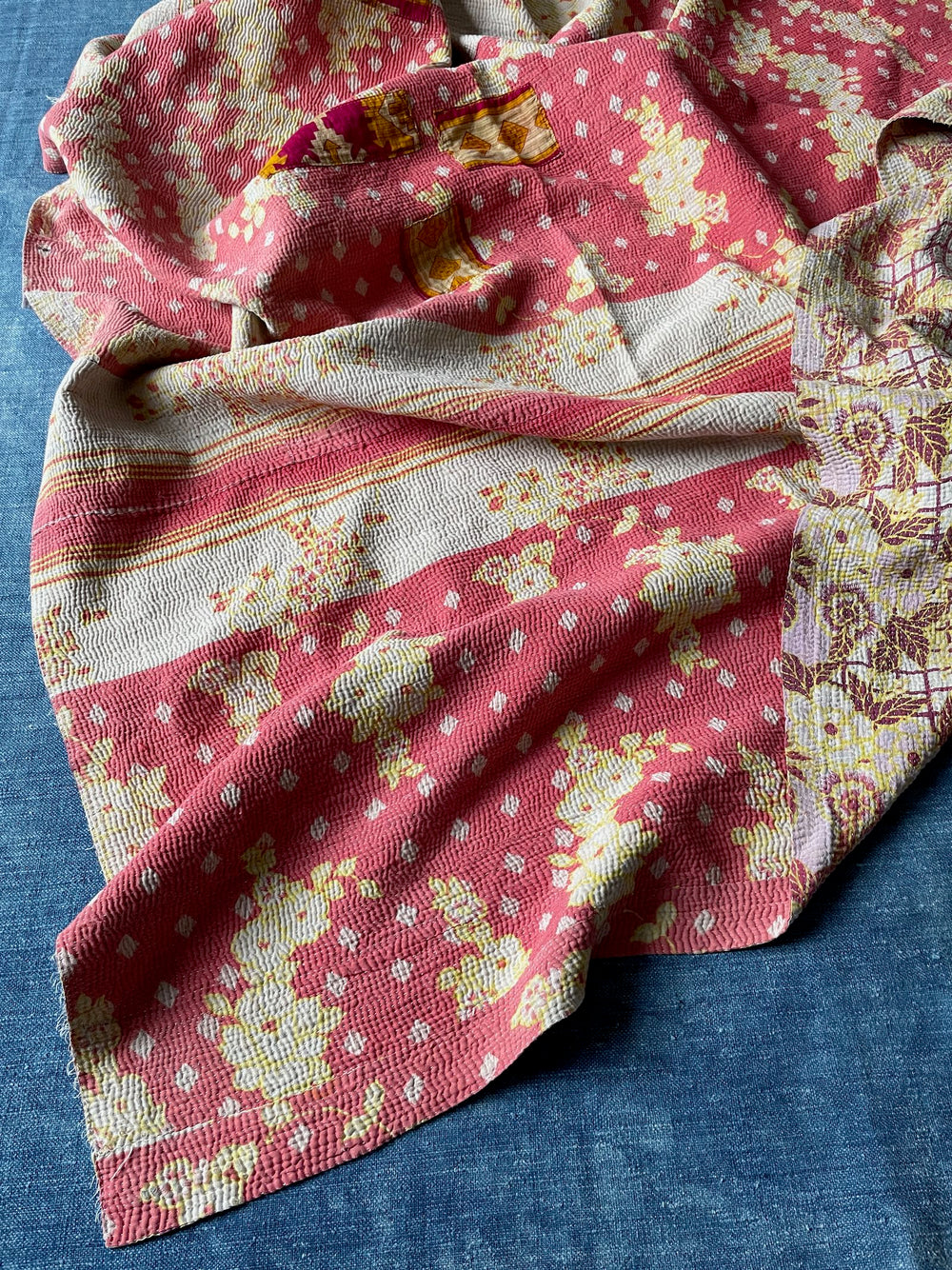 soft coral red pink yellow floral quilt kantha bedspread handstitched comforter cotton single 