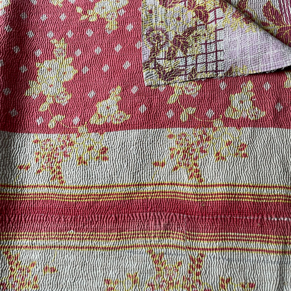 
                  
                    soft coral red pink yellow floral quilt kantha bedspread handstitched comforter cotton single 
                  
                