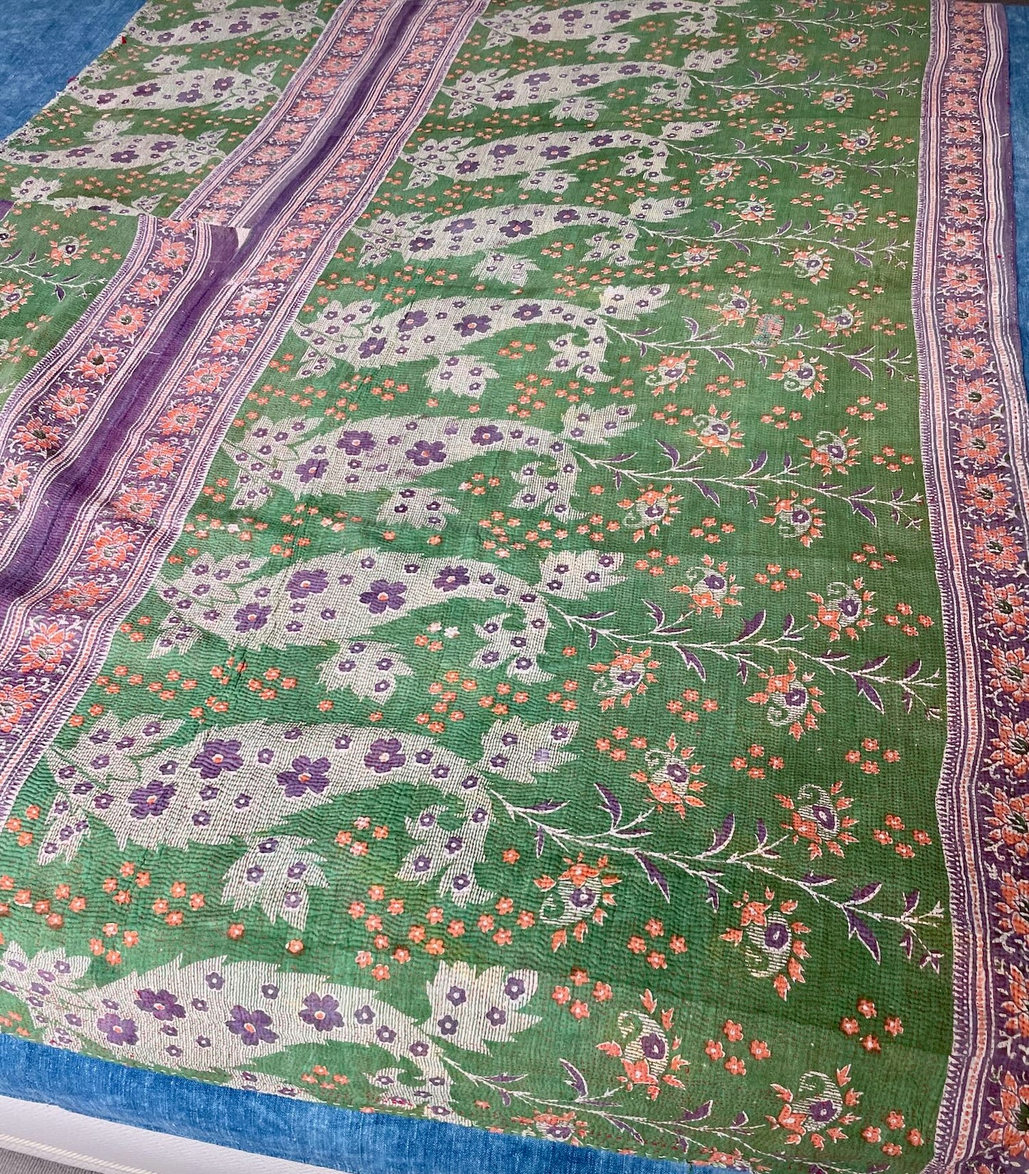 
                  
                    green purple coral orange kantha quilt single bedspread washable cotton bedcover double handmade
                  
                