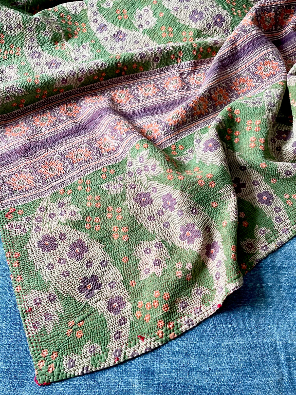 
                  
                    green purple coral orange kantha quilt single bedspread washable cotton bedcover double handmade
                  
                