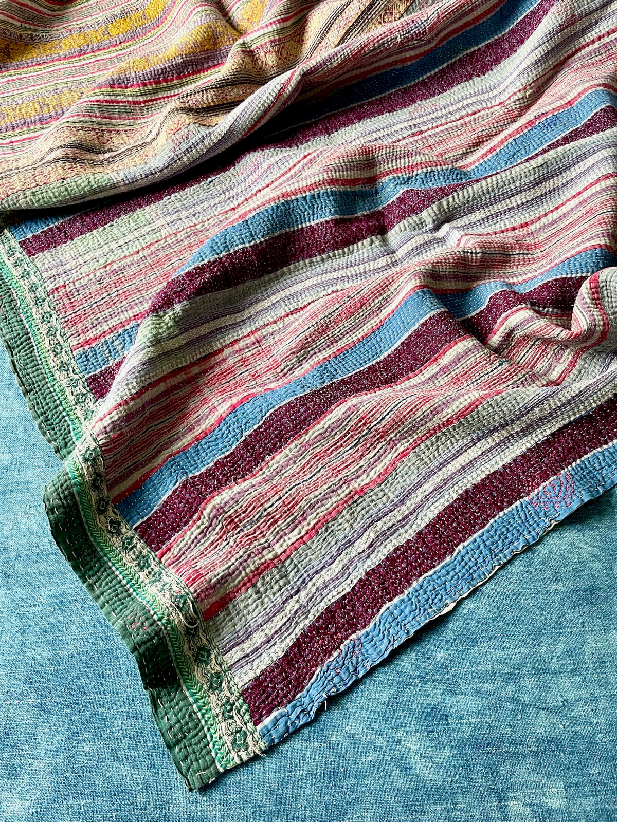 
                  
                    blue pink purple green striped vintage kantha quilt sofa throw single bedspread cotton washable
                  
                