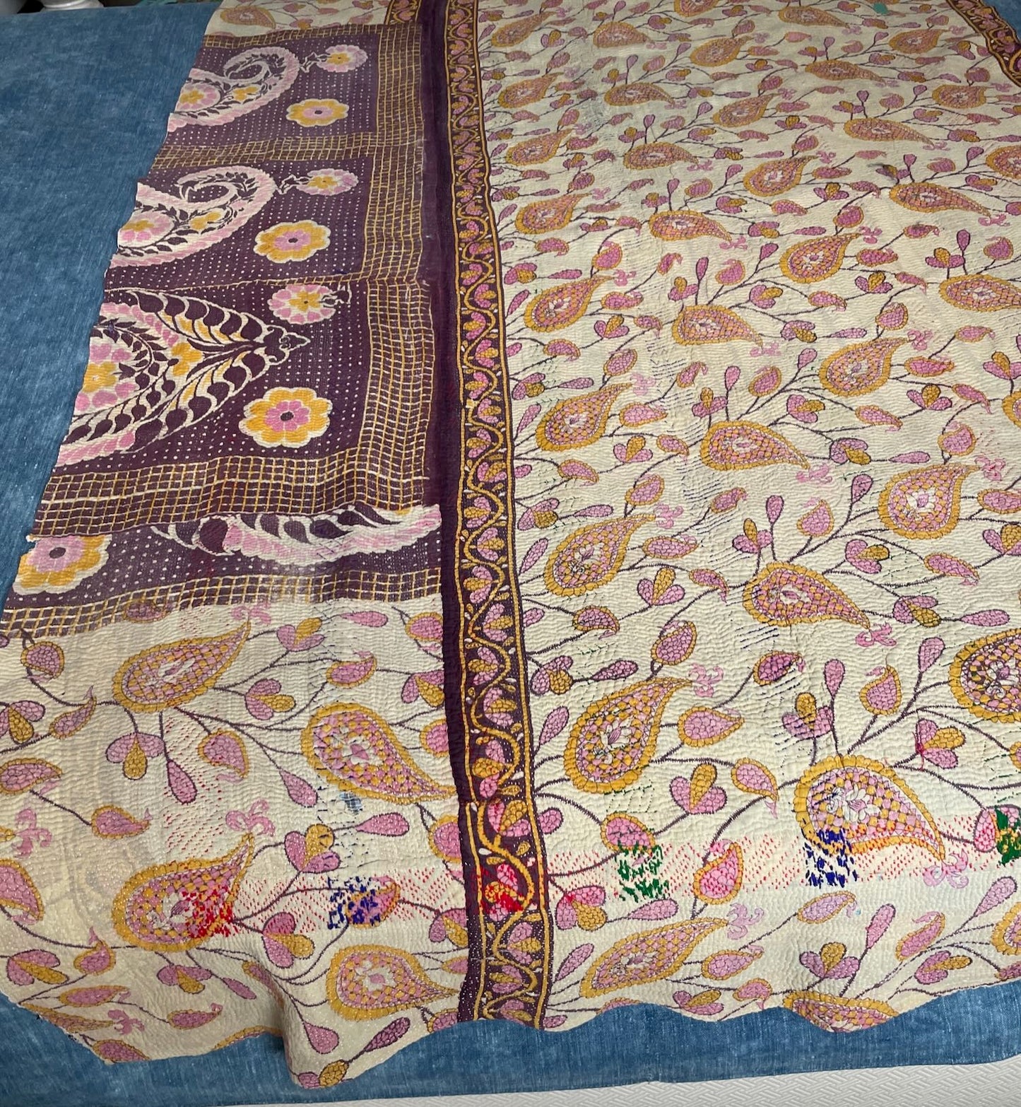 
                  
                    pink orange purple kantha quilt cotton single bedspread washable comforter handstitched throw
                  
                
