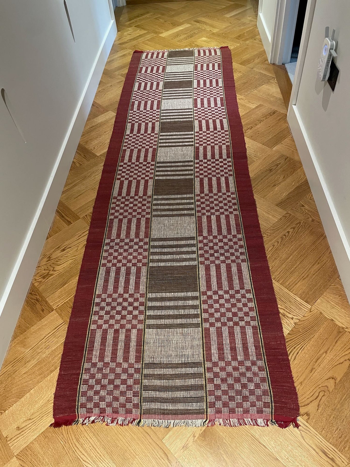 
                  
                    deep red brown cream floor runner in cotton washable entry way mat vintage rag rug geometric pattern
                  
                