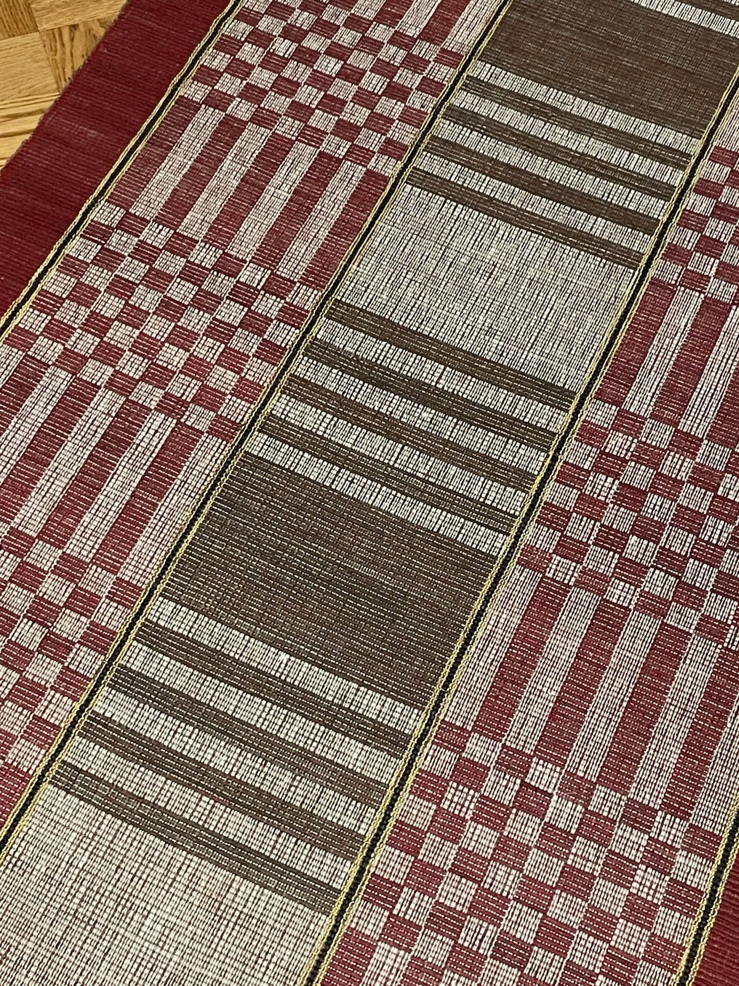 
                  
                    deep red brown cream floor runner in cotton washable entry way mat vintage rag rug geometric pattern
                  
                
