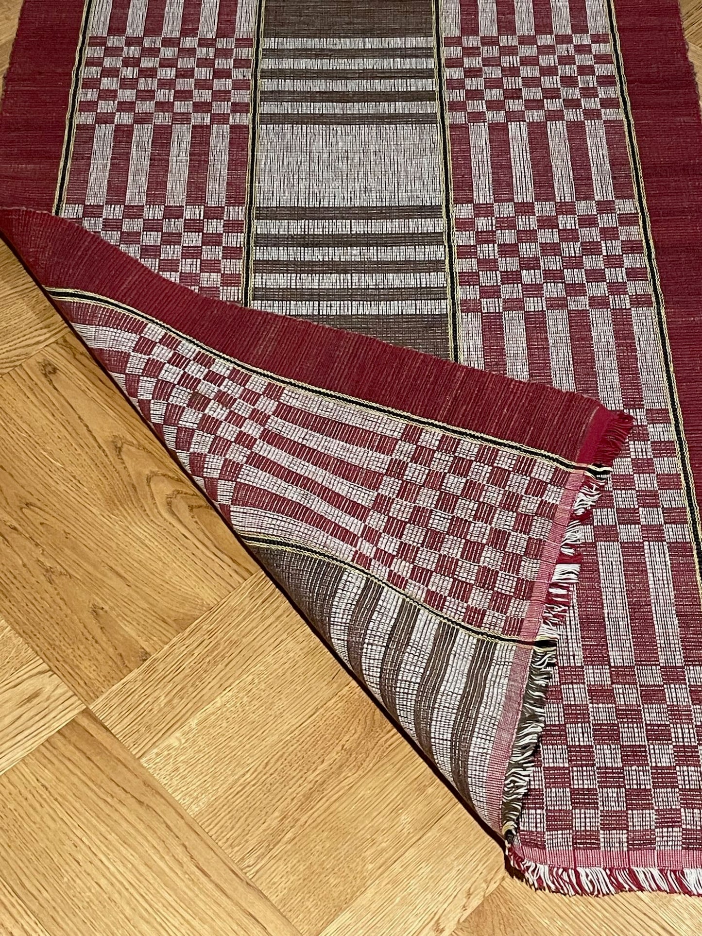 
                  
                    deep red brown cream floor runner in cotton washable entry way mat vintage rag rug geometric pattern
                  
                