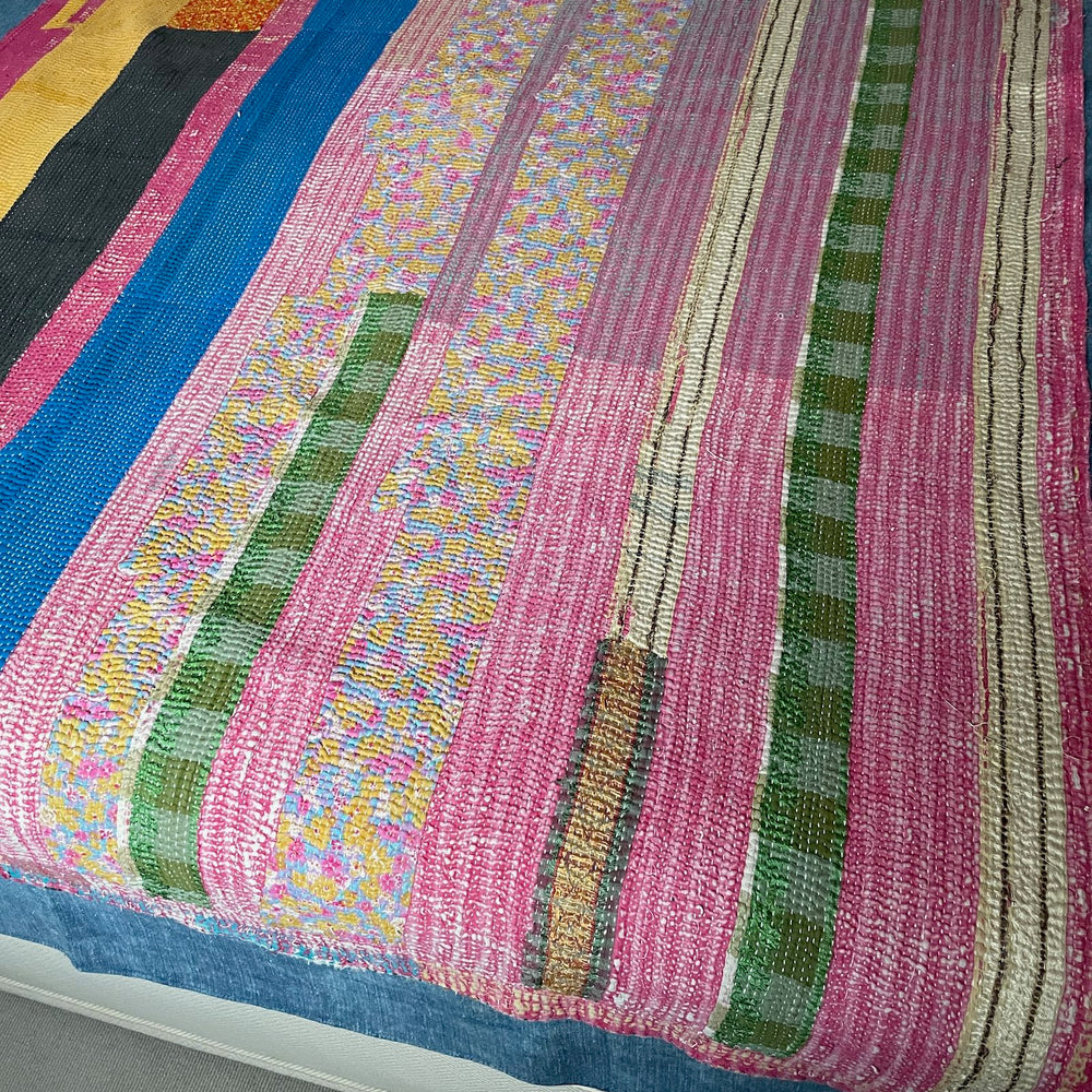 
                  
                    striped patchwork quilt vintage kantha sofa throw pink blue yellow cotton comforter large washable
                  
                